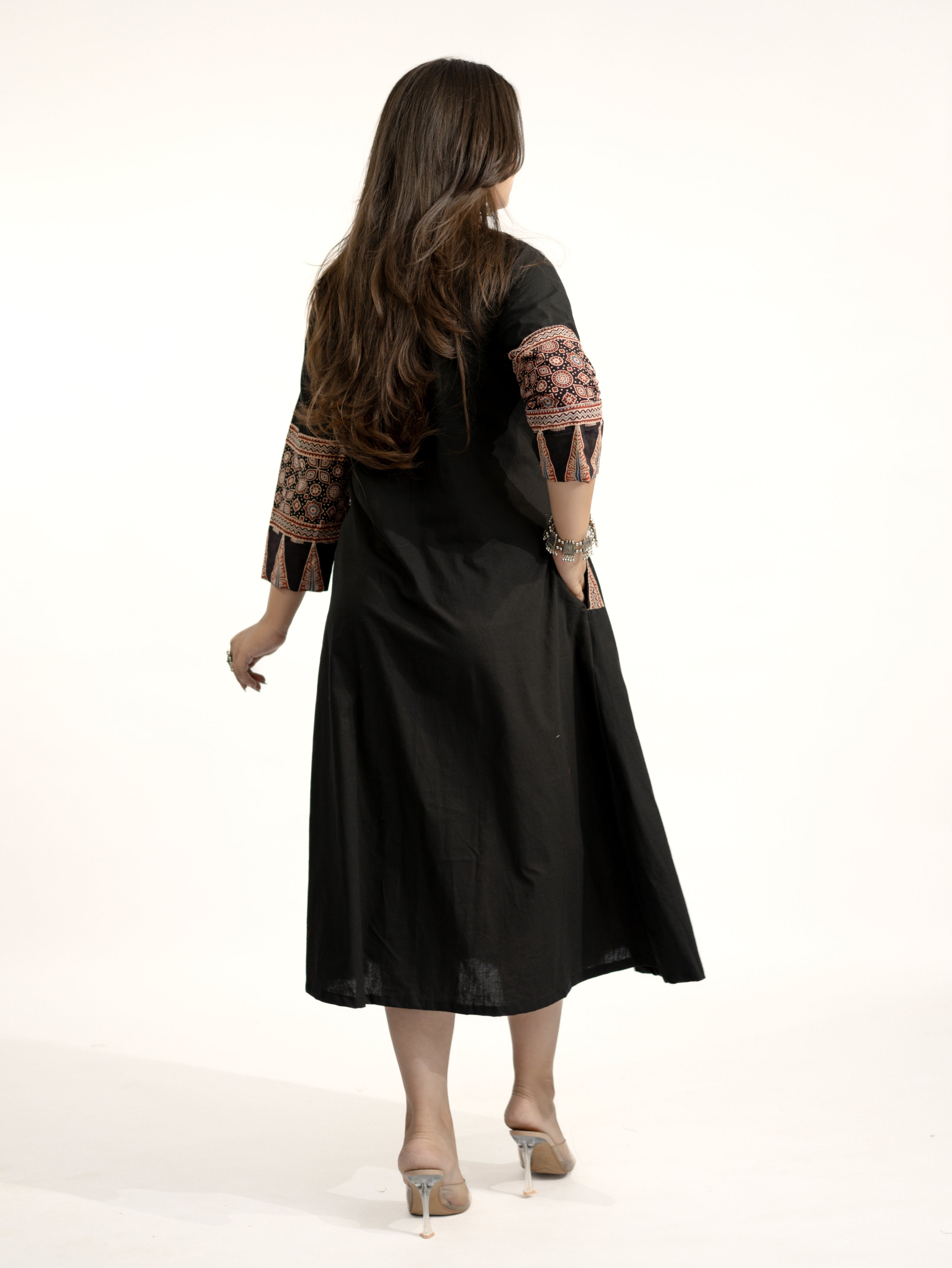 Vanya Black Cotton Ajrakh Kutch Embroidered A-line Kurta