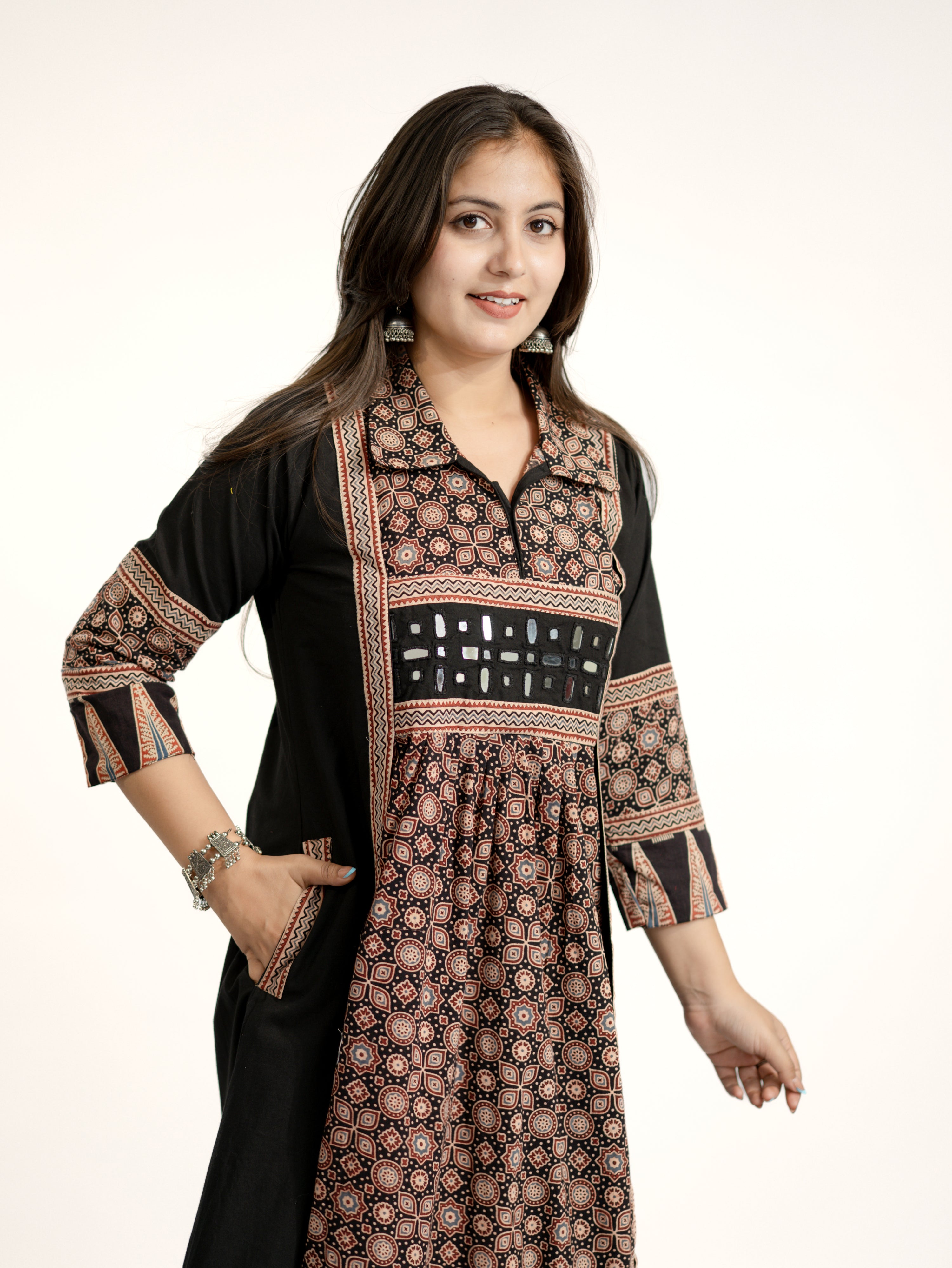 Vanya Black Cotton Ajrakh Kutch Embroidered A-line Kurta