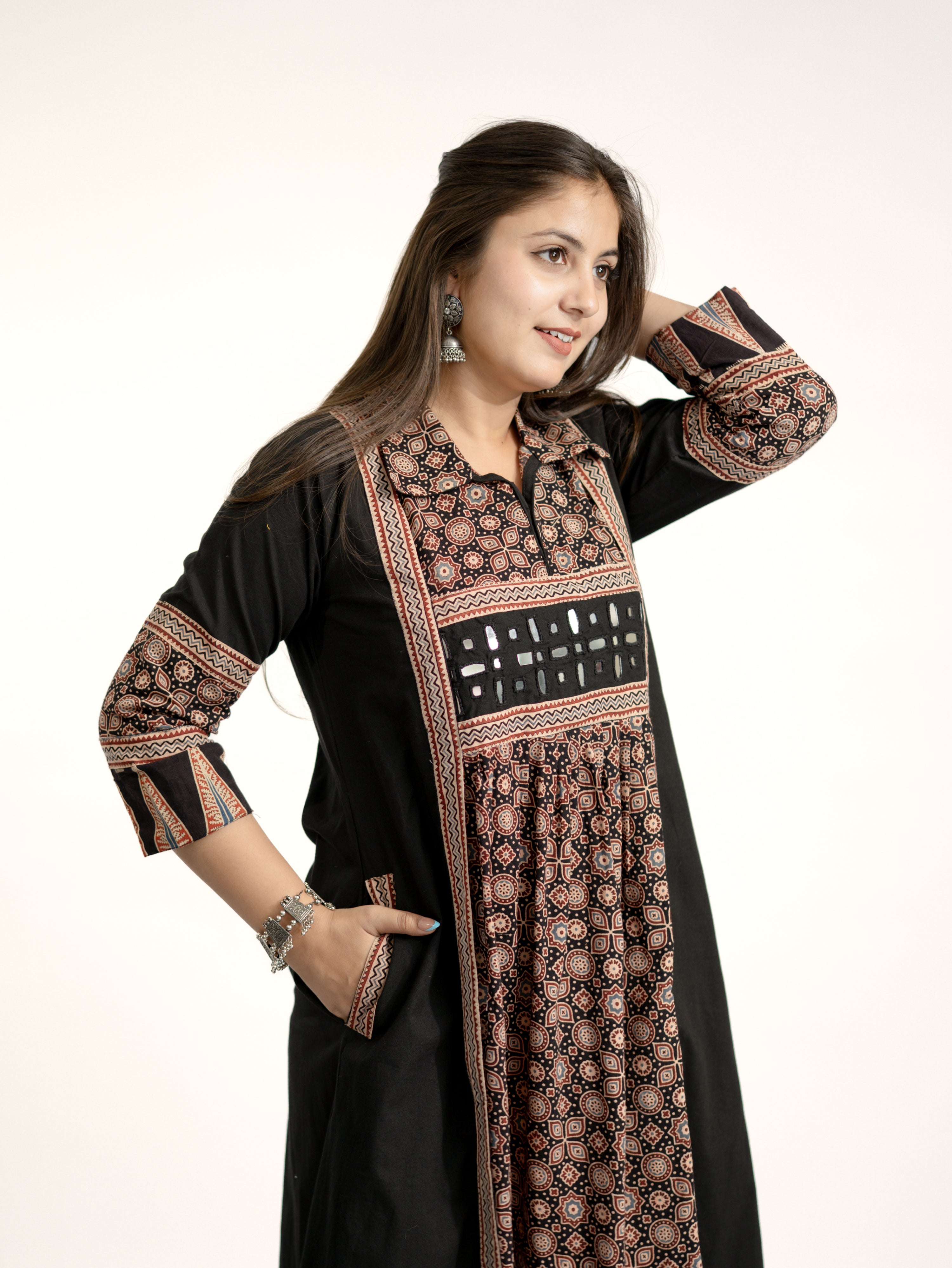 Vanya Black Cotton Ajrakh Kutch Embroidered A-line Kurta