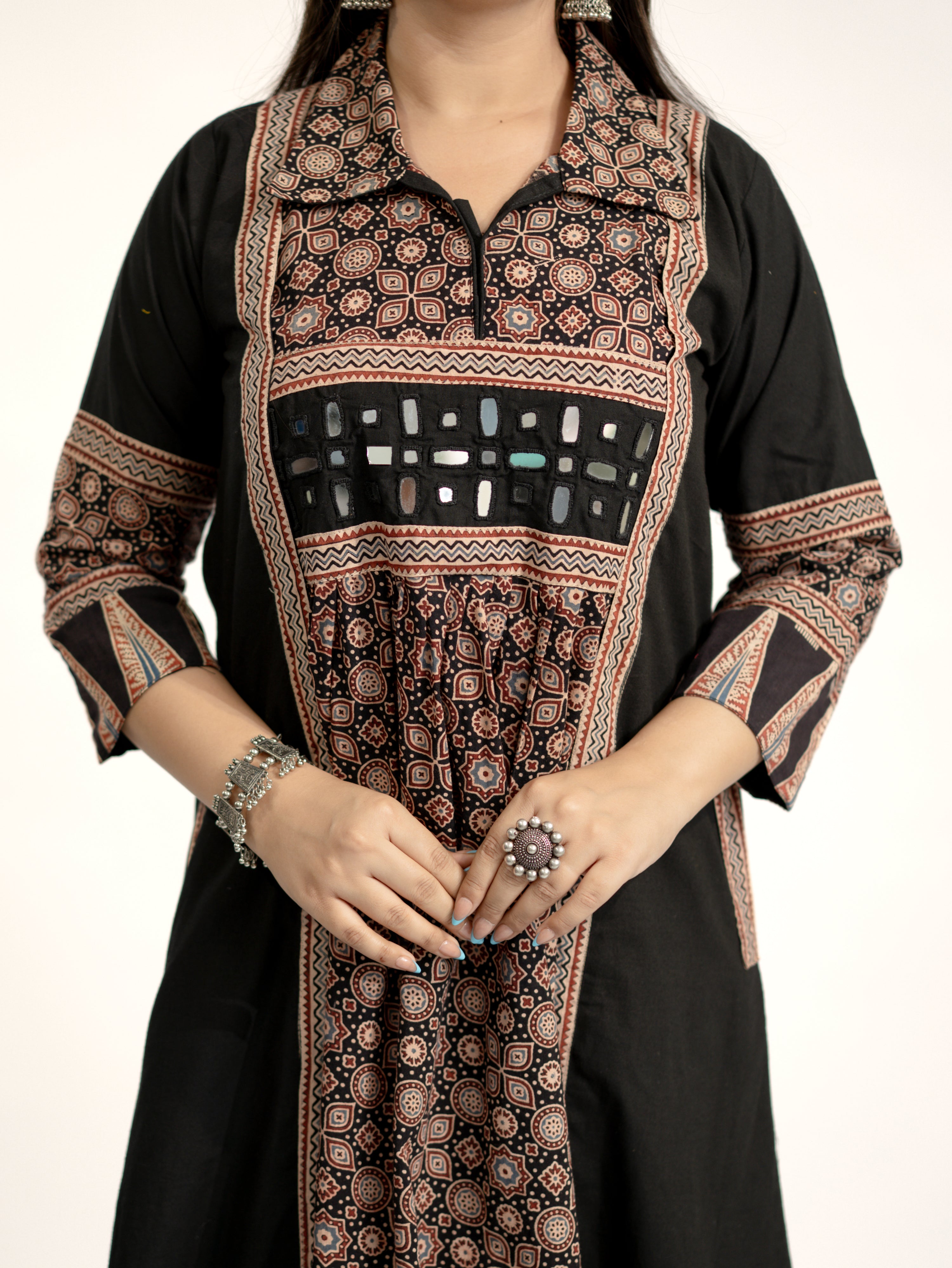 Vanya Black Cotton Ajrakh Kutch Embroidered A-line Kurta
