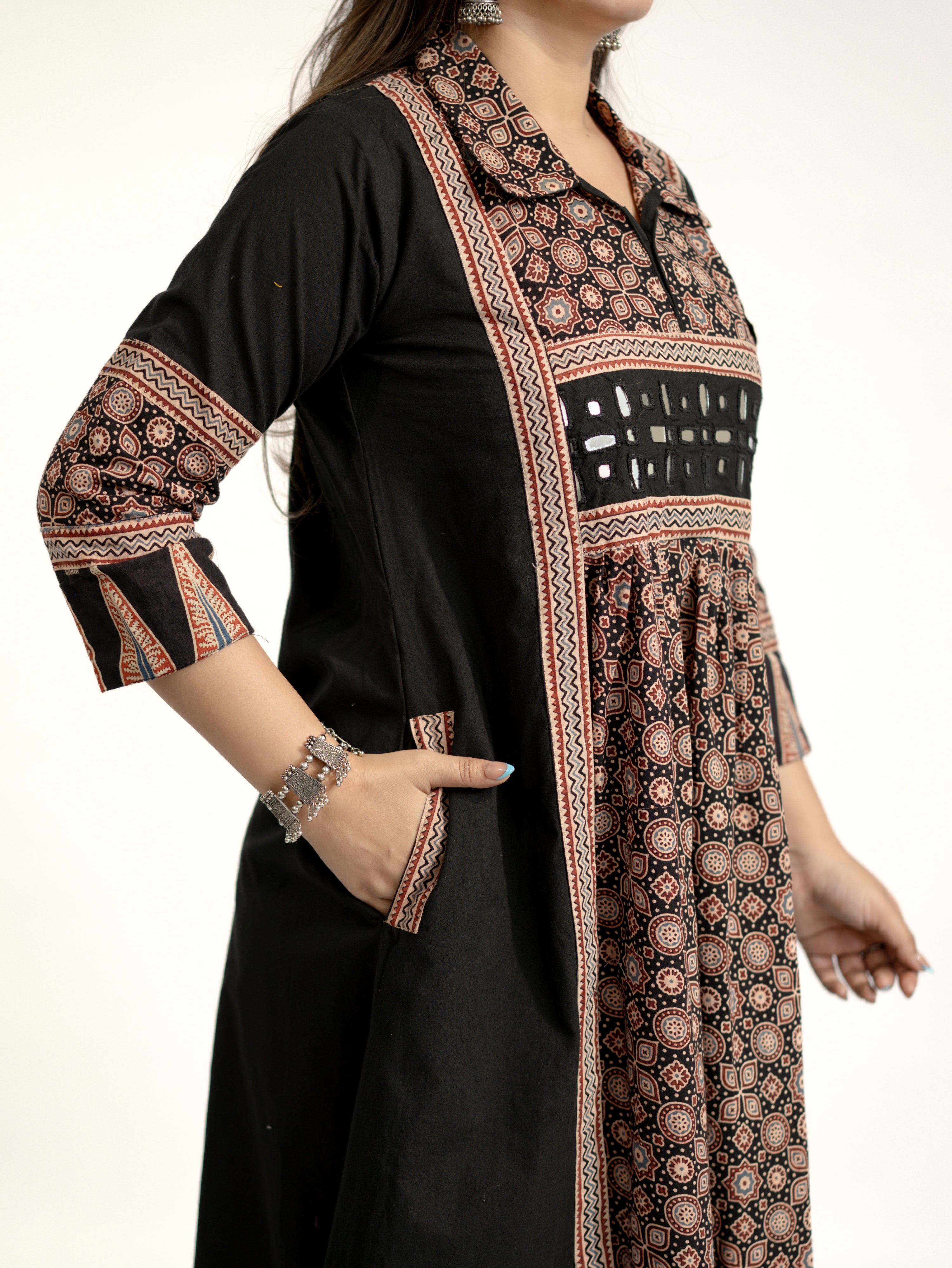 Vanya Black Cotton Ajrakh Kutch Embroidered A-line Kurta