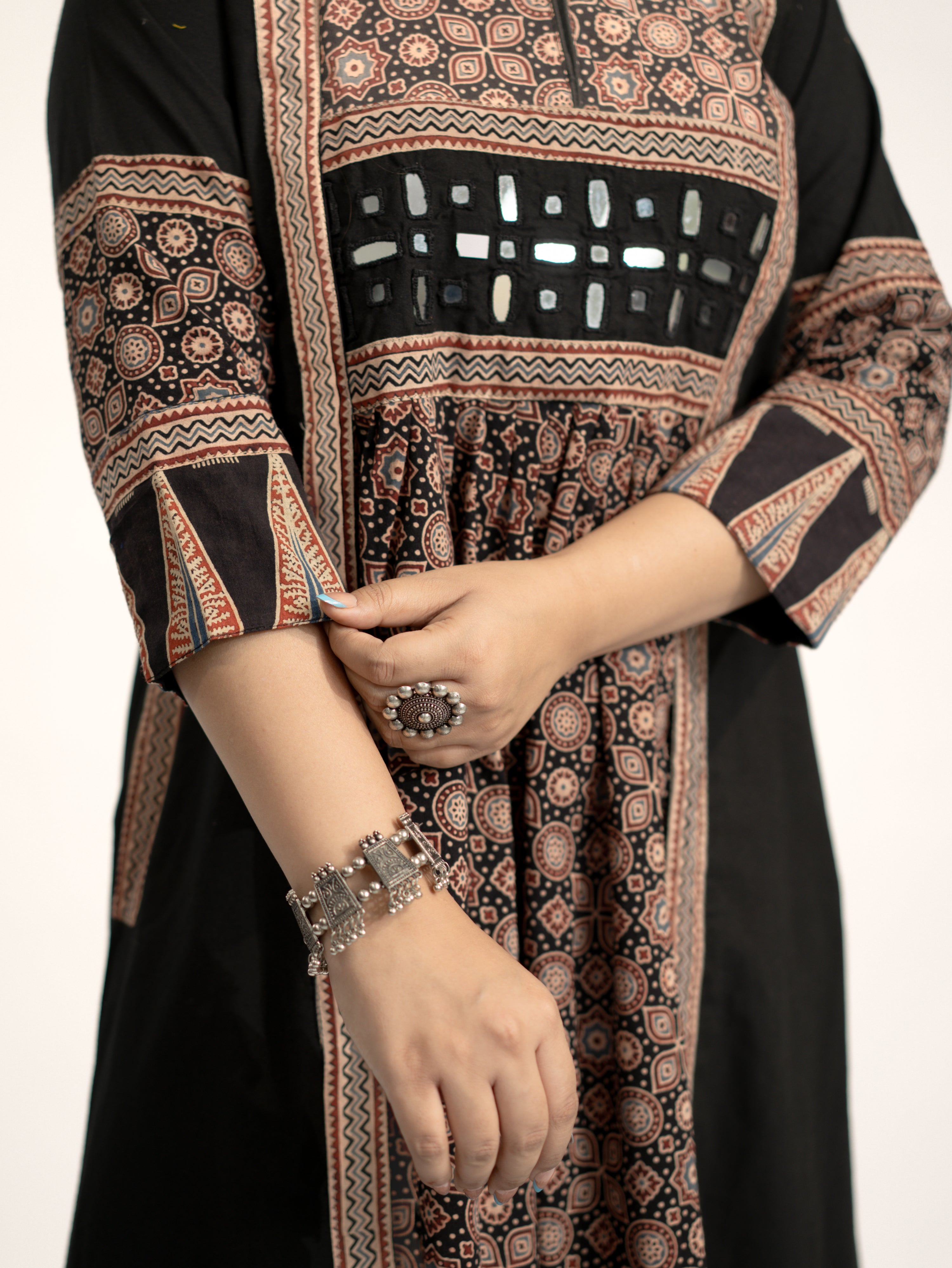 Vanya Black Cotton Ajrakh Kutch Embroidered A-line Kurta