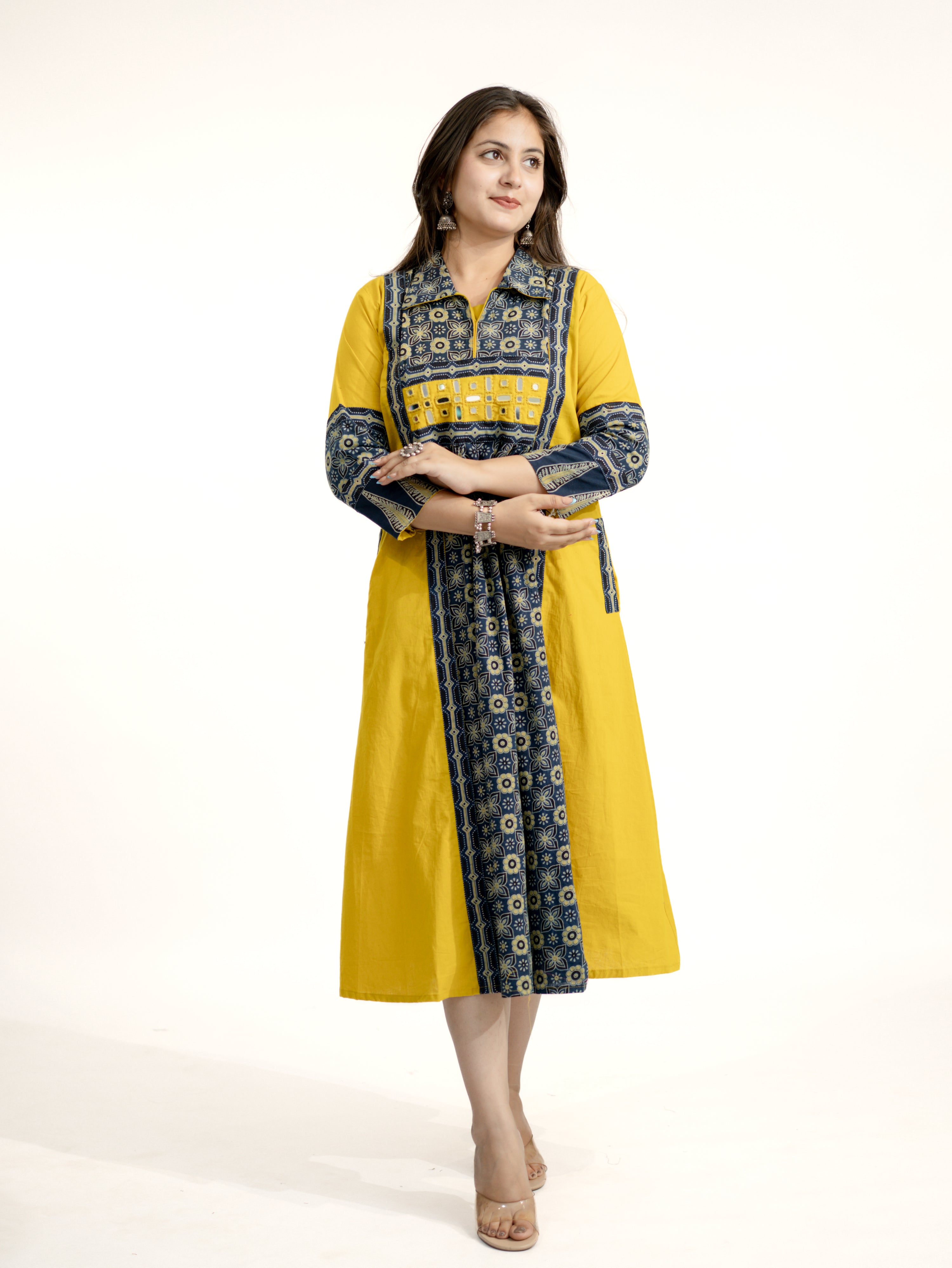 Navia Mustard Cotton Ajrakh Kutch Embroidered A-line Kurta
