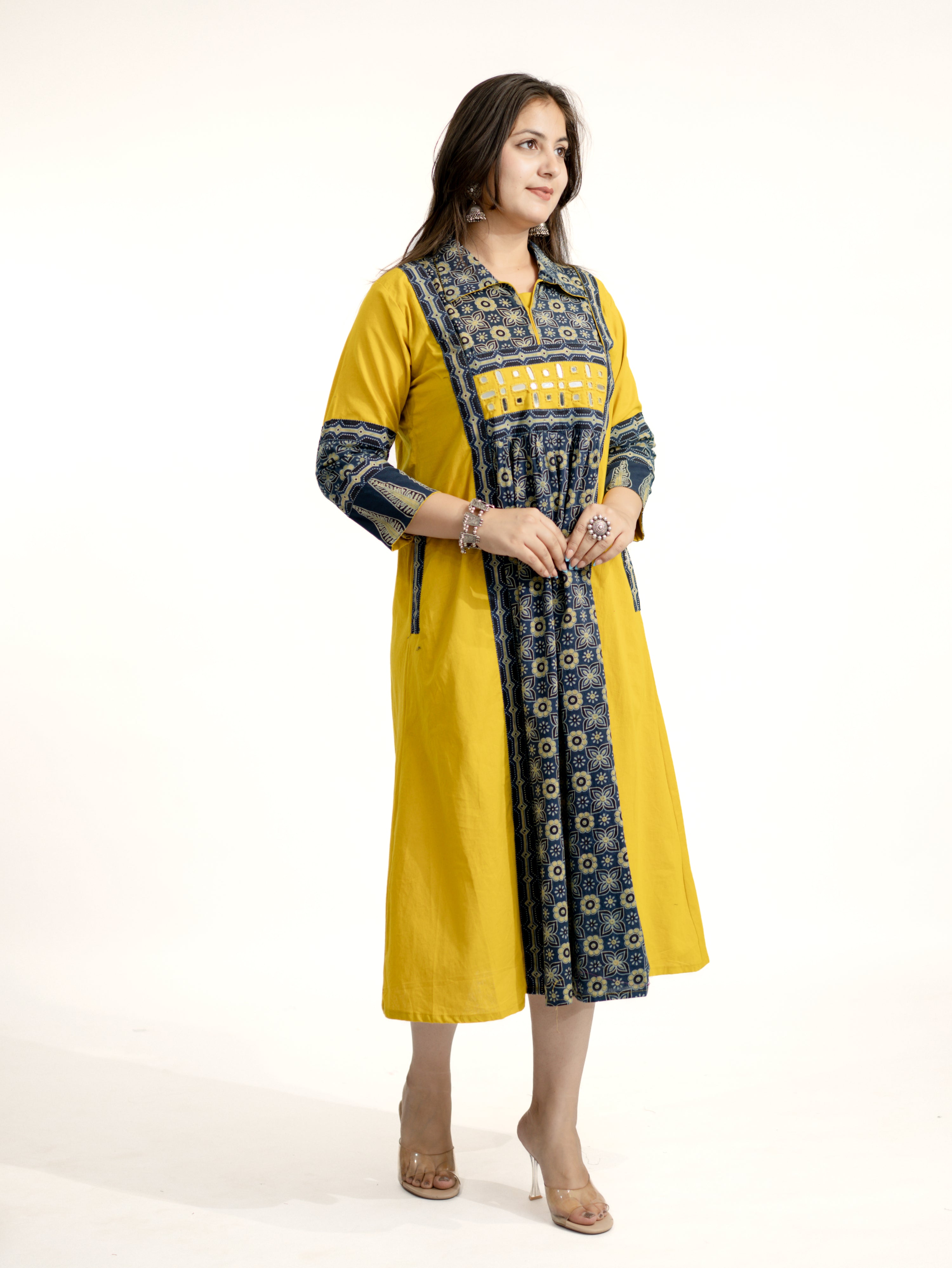 Navia Mustard Cotton Ajrakh Kutch Embroidered A-line Kurta