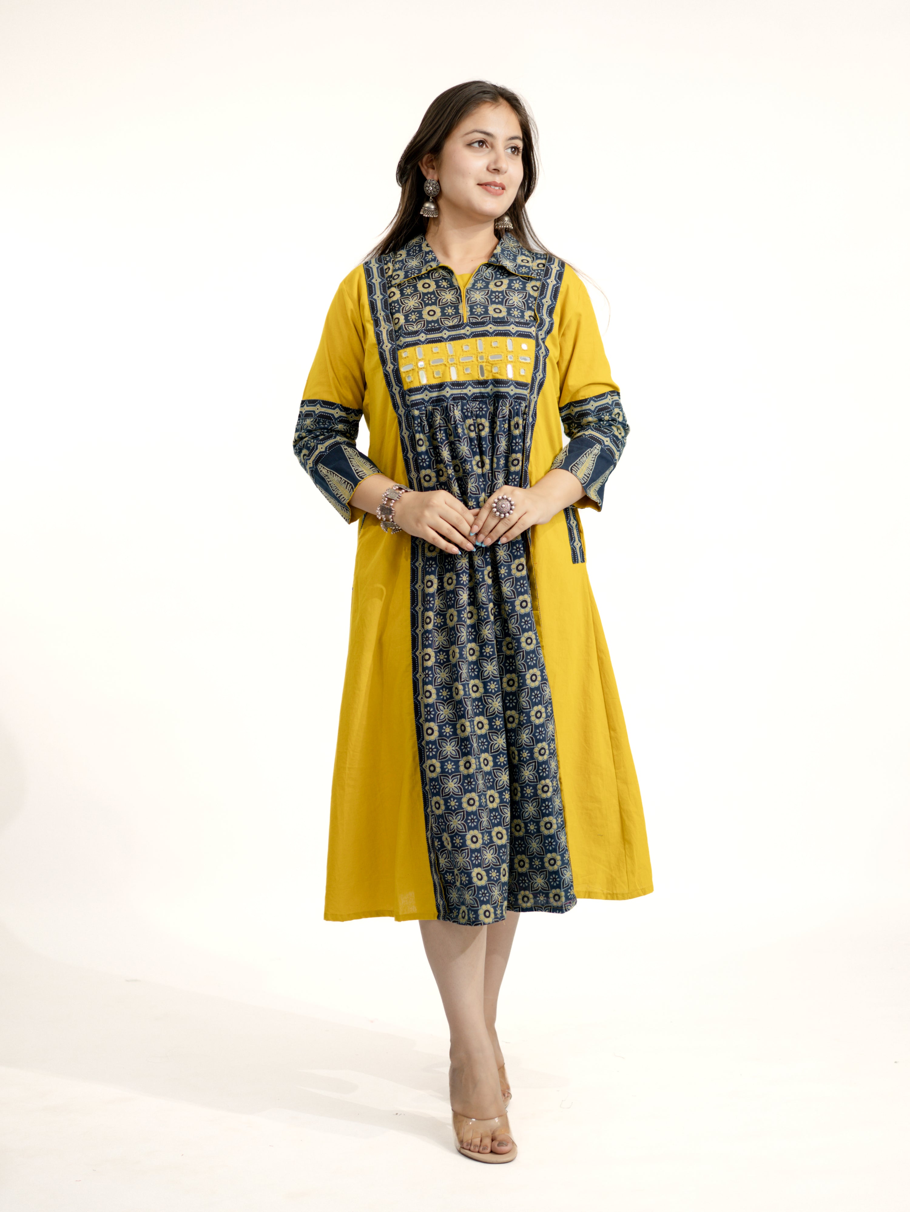 Navia Mustard Cotton Ajrakh Kutch Embroidered A-line Kurta
