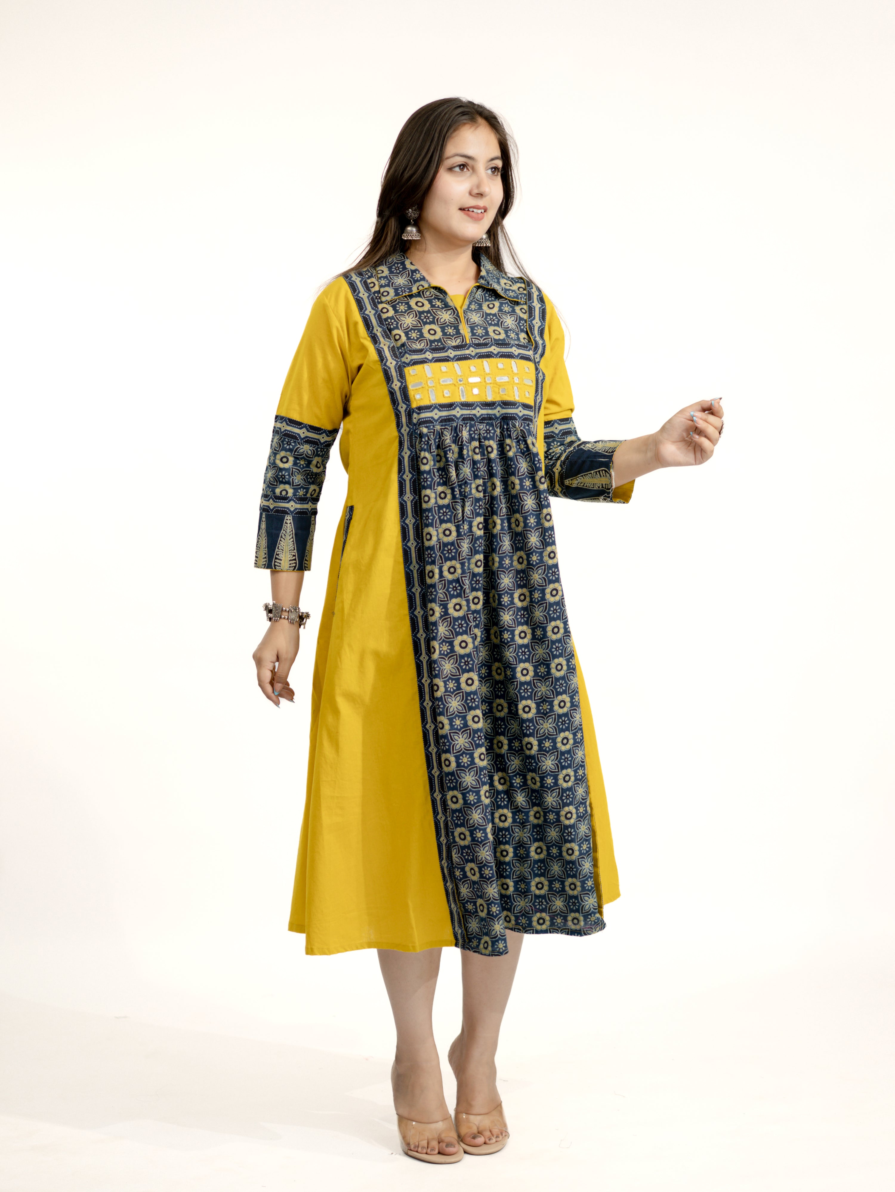 Navia Mustard Cotton Ajrakh Kutch Embroidered A-line Kurta