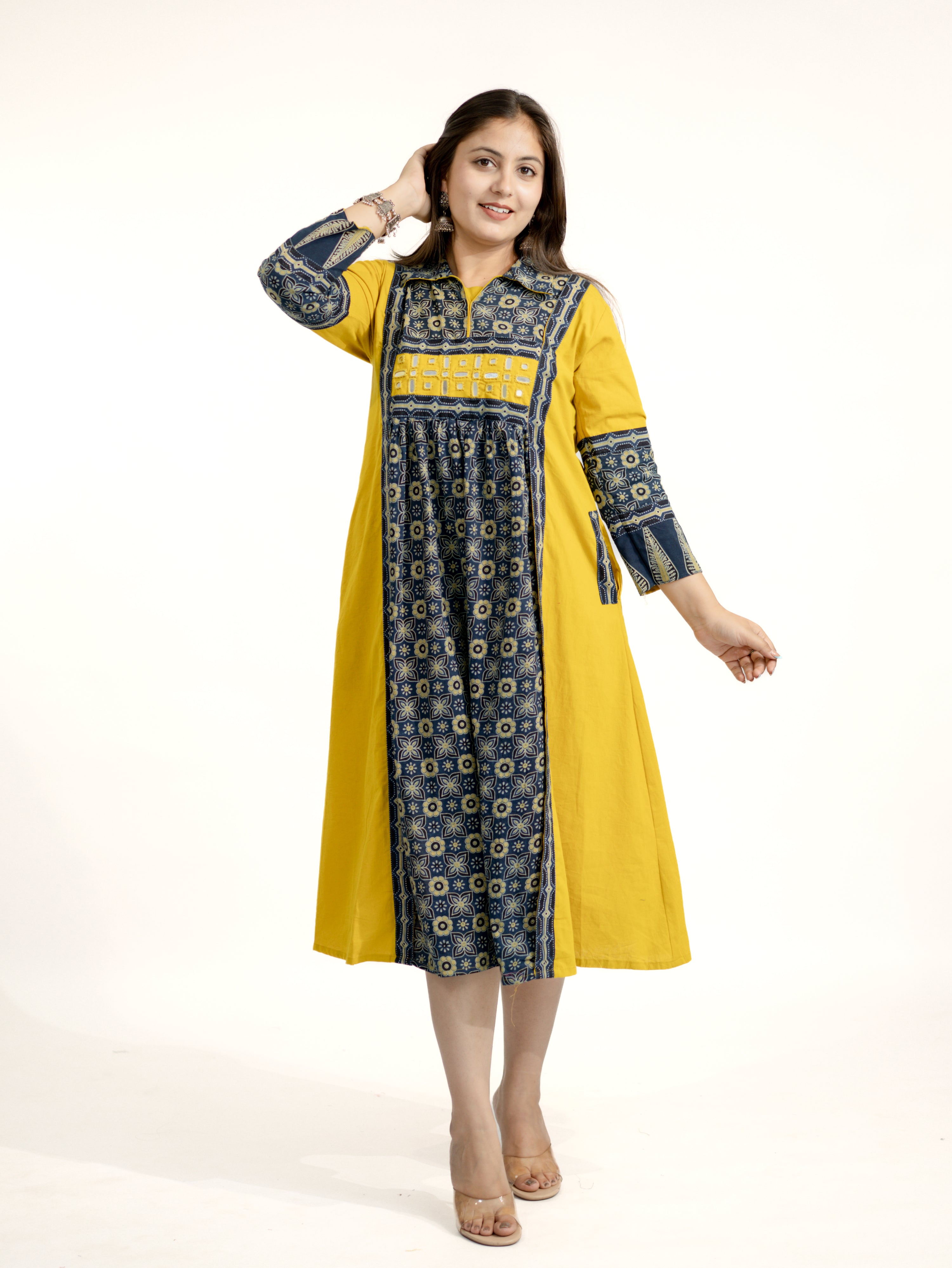 Navia Mustard Cotton Ajrakh Kutch Embroidered A-line Kurta