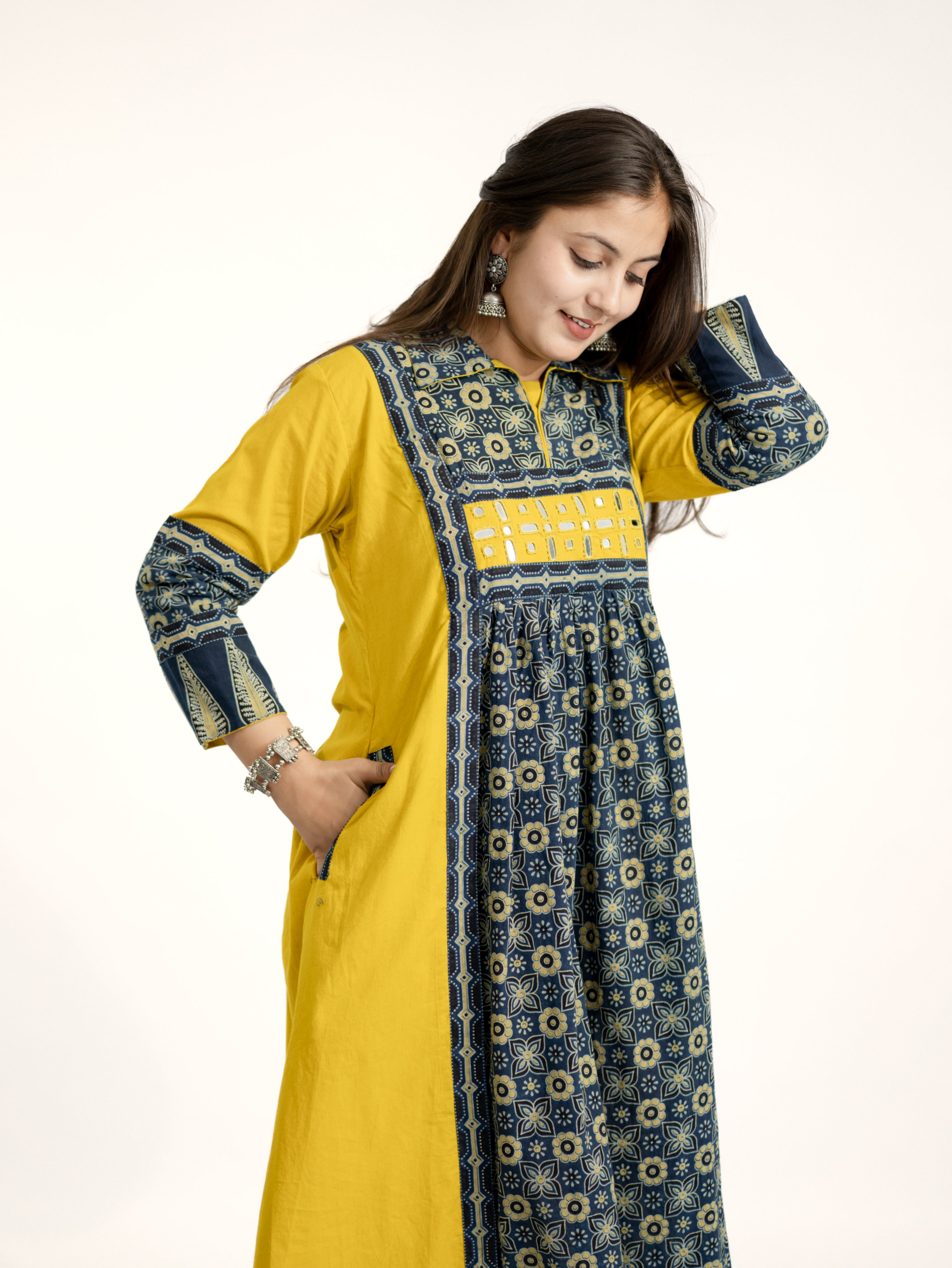 Navia Mustard Cotton Ajrakh Kutch Embroidered A-line Kurta