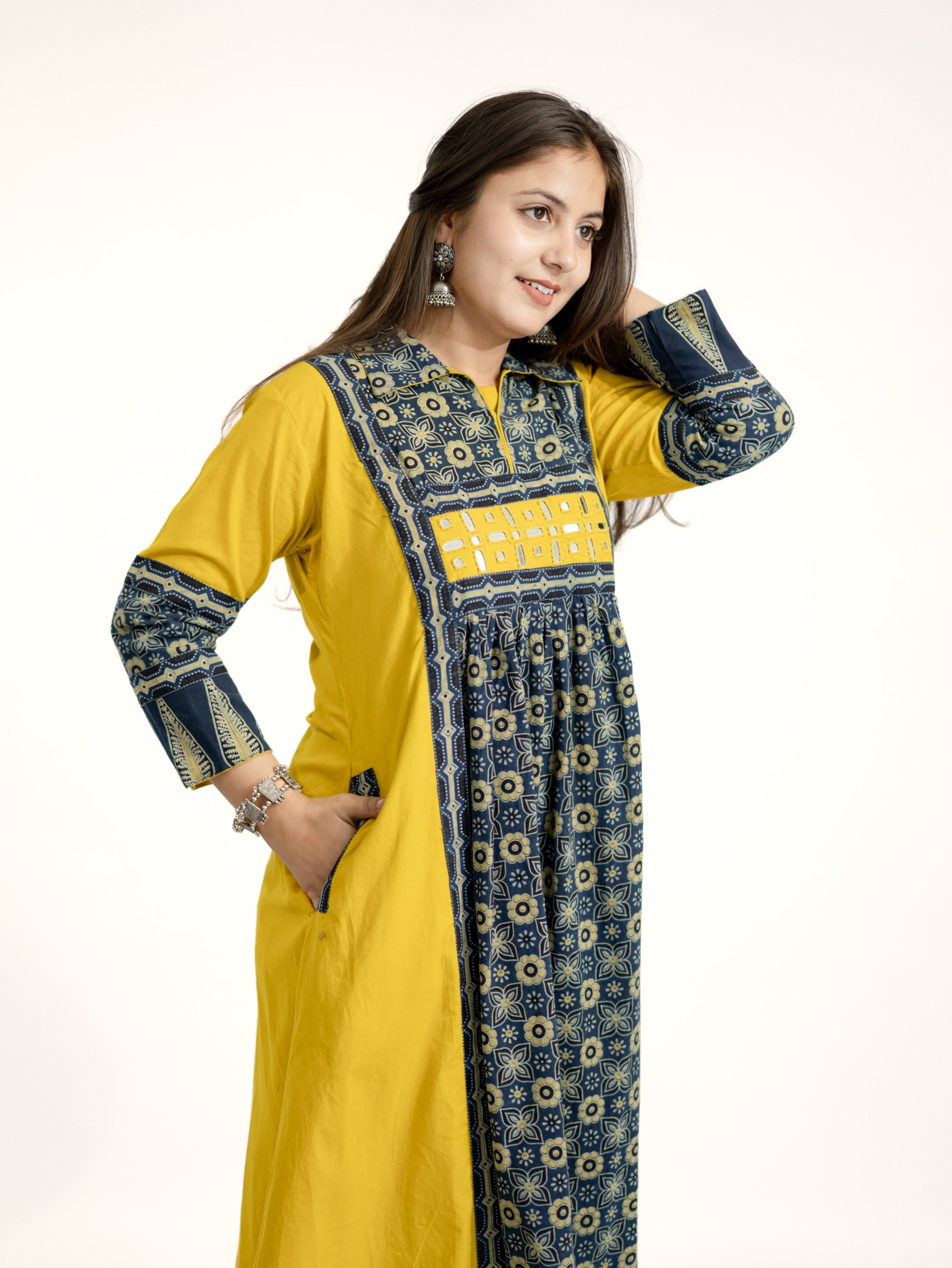 Navia Mustard Cotton Ajrakh Kutch Embroidered A-line Kurta