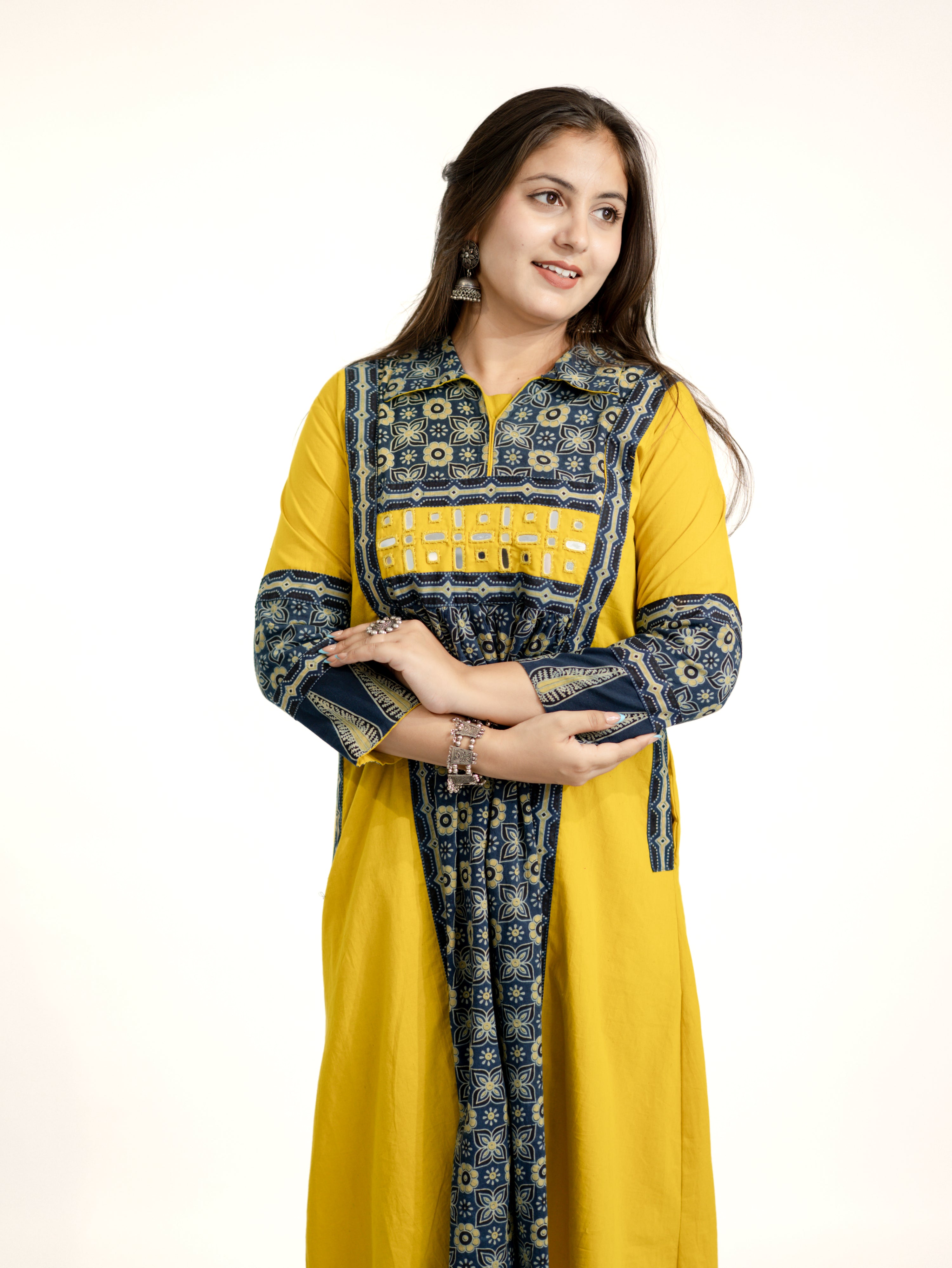 Navia Mustard Cotton Ajrakh Kutch Embroidered A-line Kurta