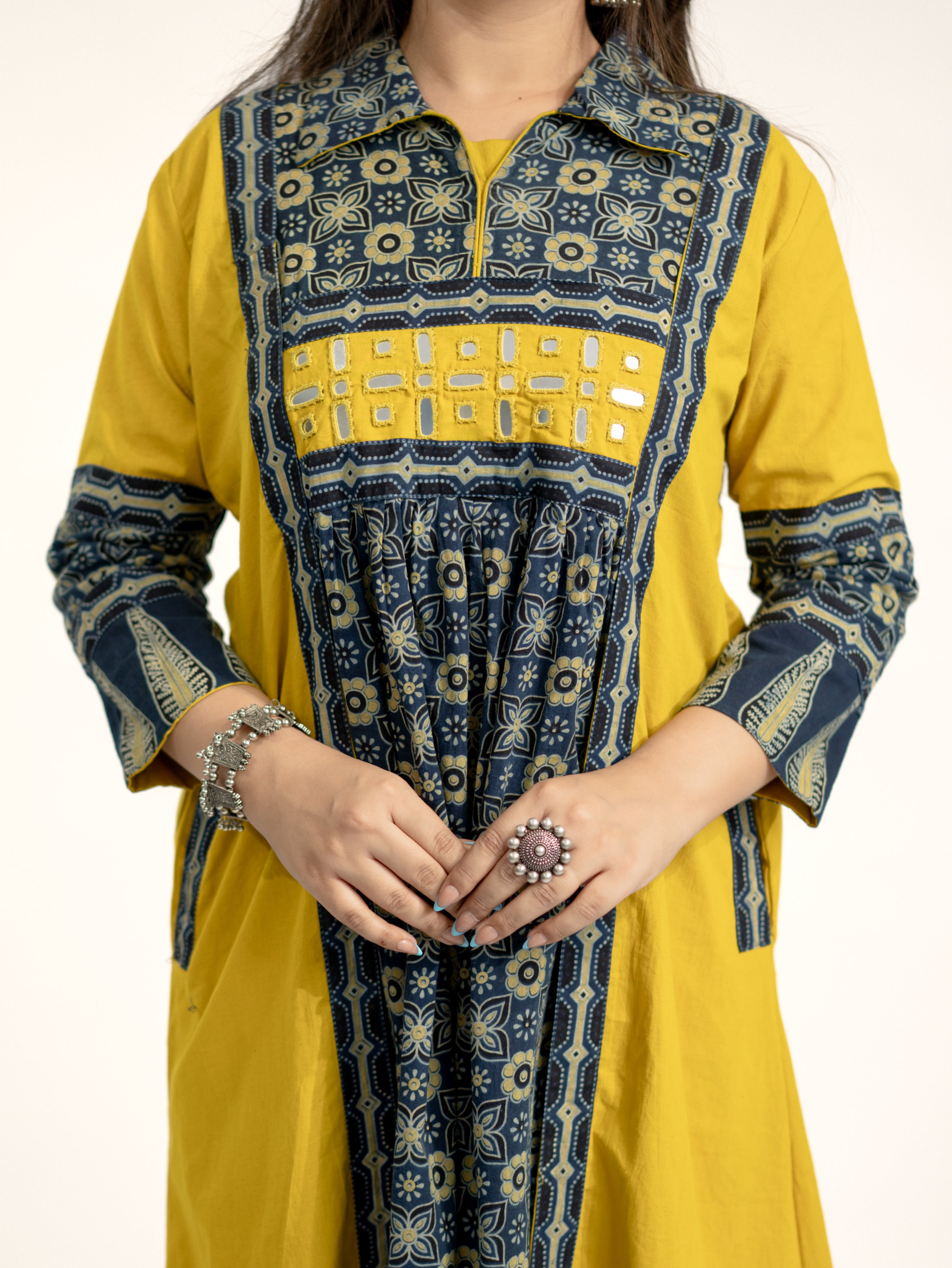 Navia Mustard Cotton Ajrakh Kutch Embroidered A-line Kurta