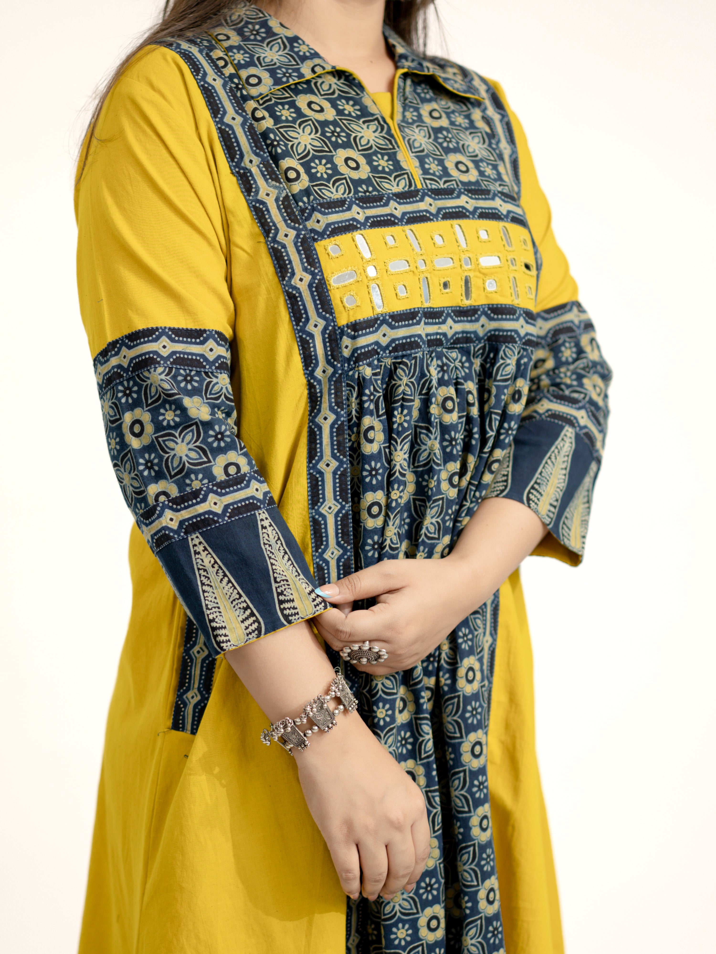Navia Mustard Cotton Ajrakh Kutch Embroidered A-line Kurta