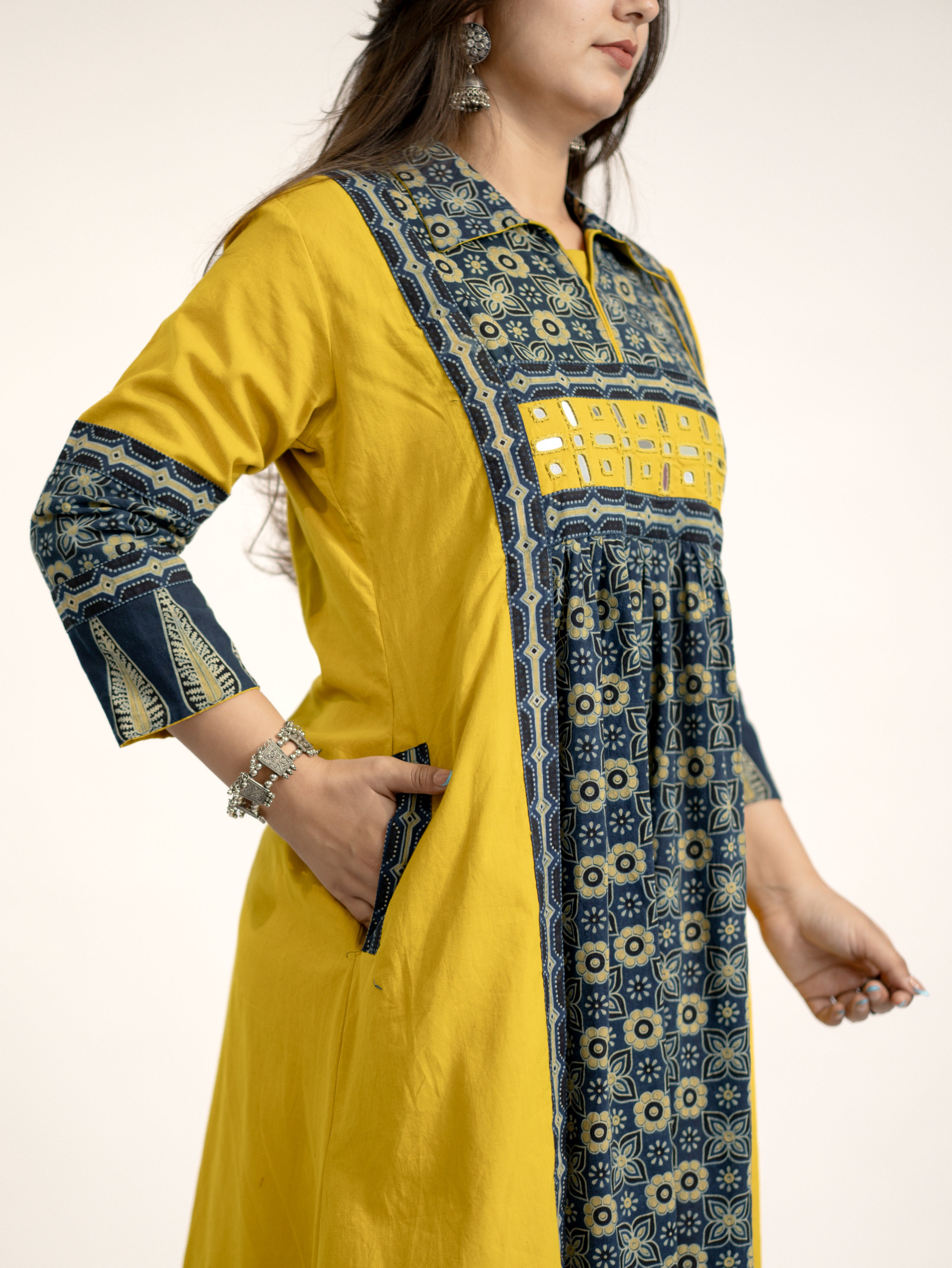 Navia Mustard Cotton Ajrakh Kutch Embroidered A-line Kurta