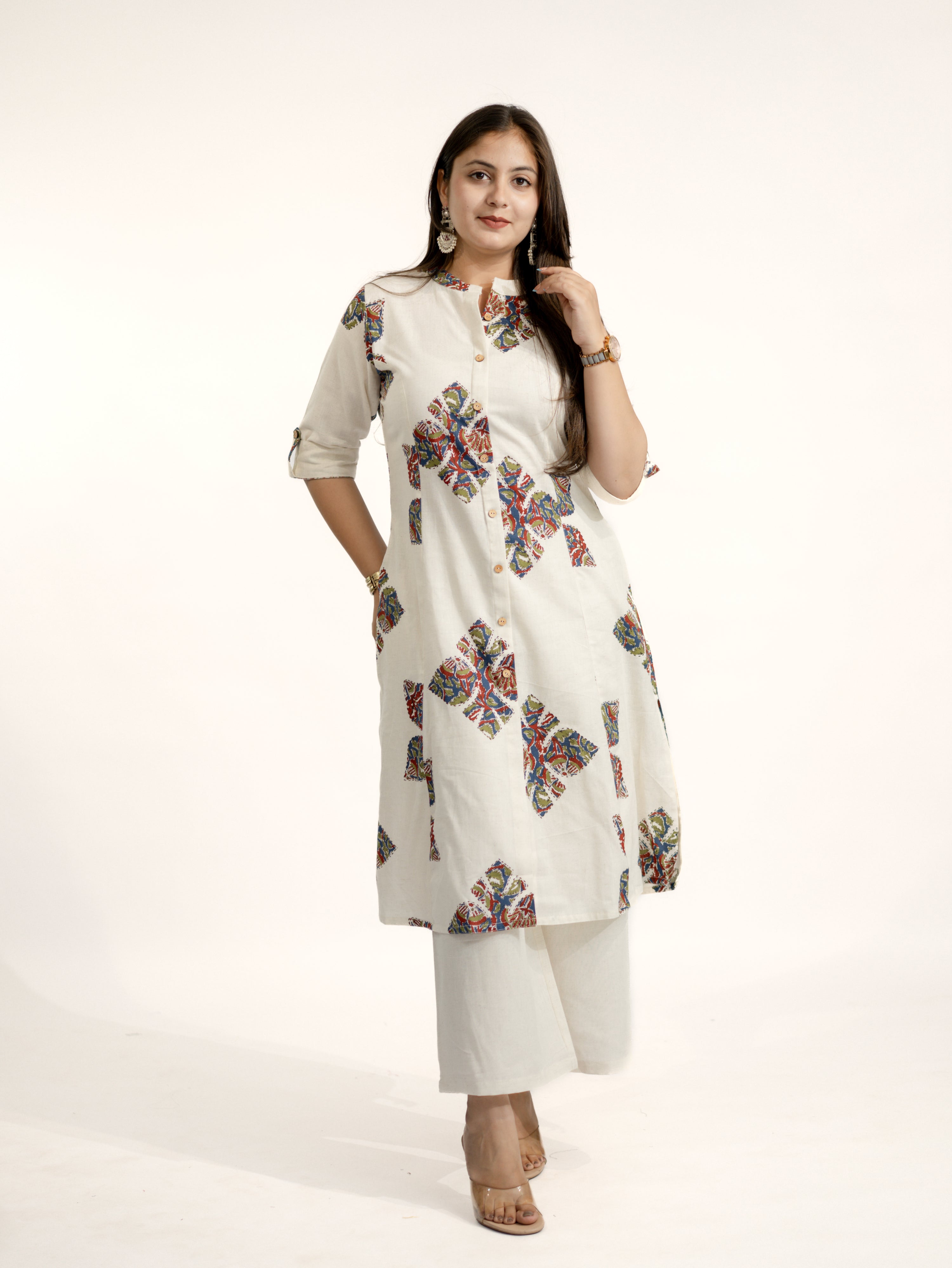 Eaira OffWhite-Blue Cotton Ajrakh A-line Cotton Kurta Set