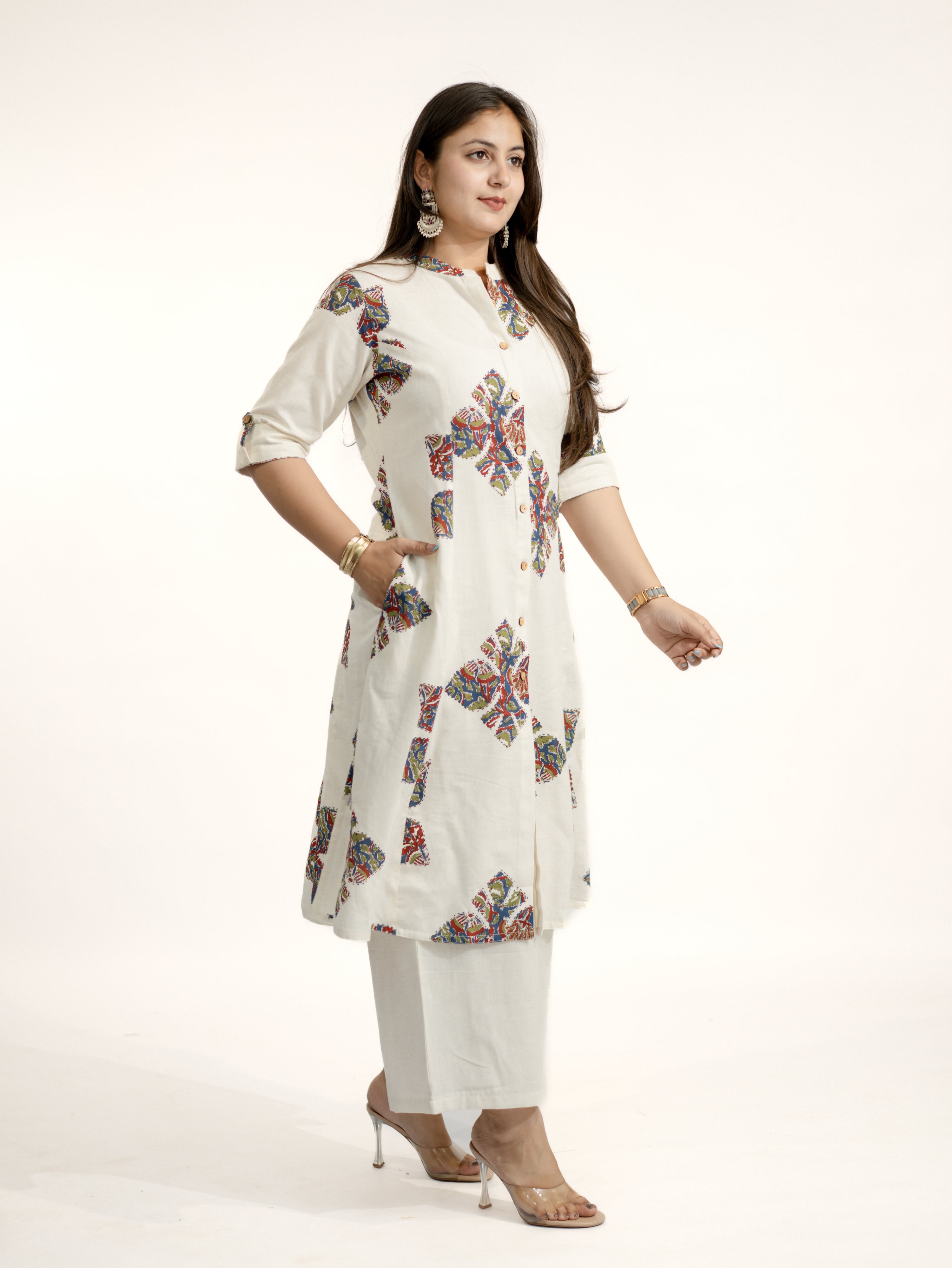 Eaira OffWhite-Blue Cotton Ajrakh A-line Cotton Kurta Set