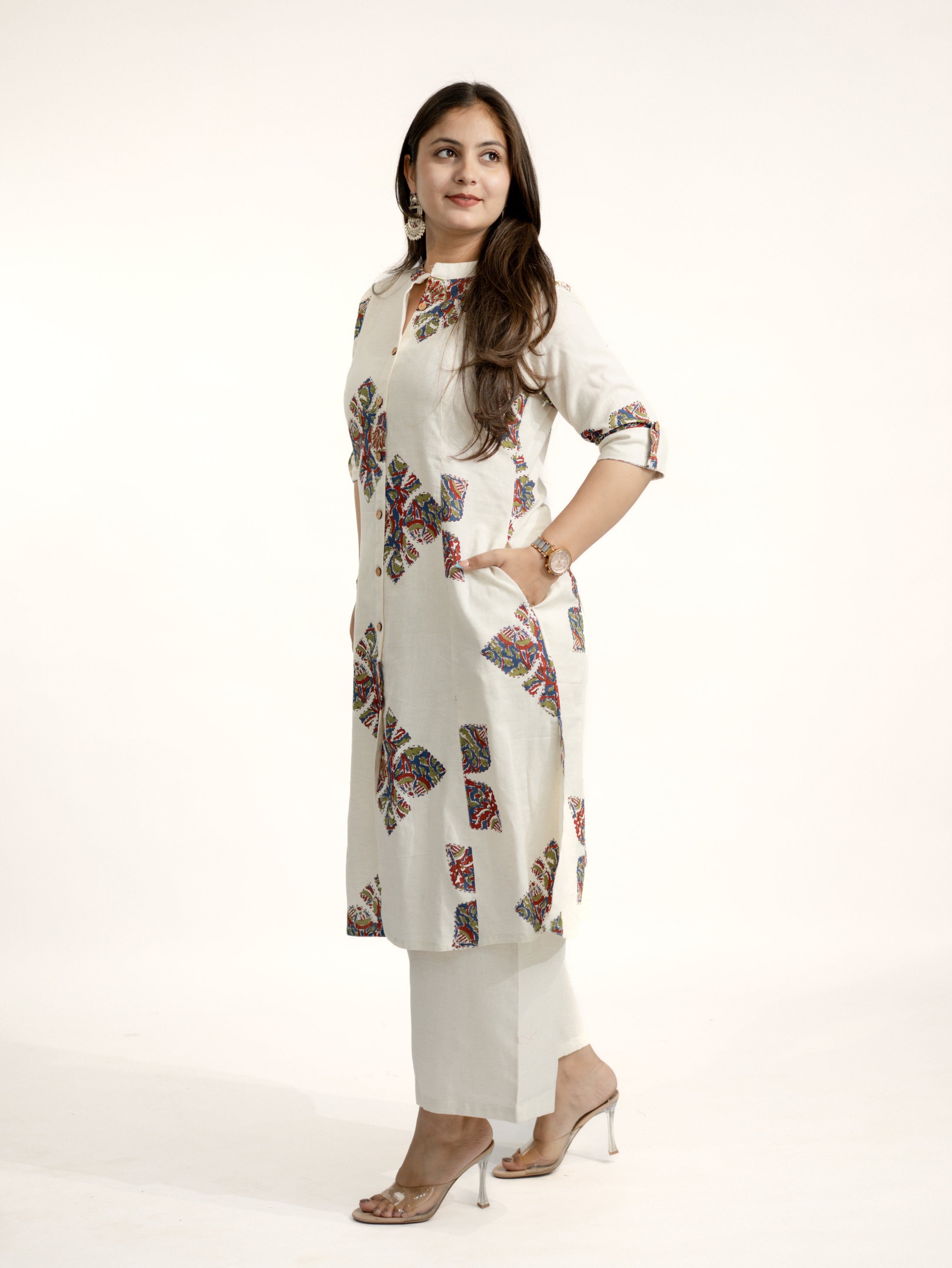 Eaira OffWhite-Blue Cotton Ajrakh A-line Cotton Kurta Set
