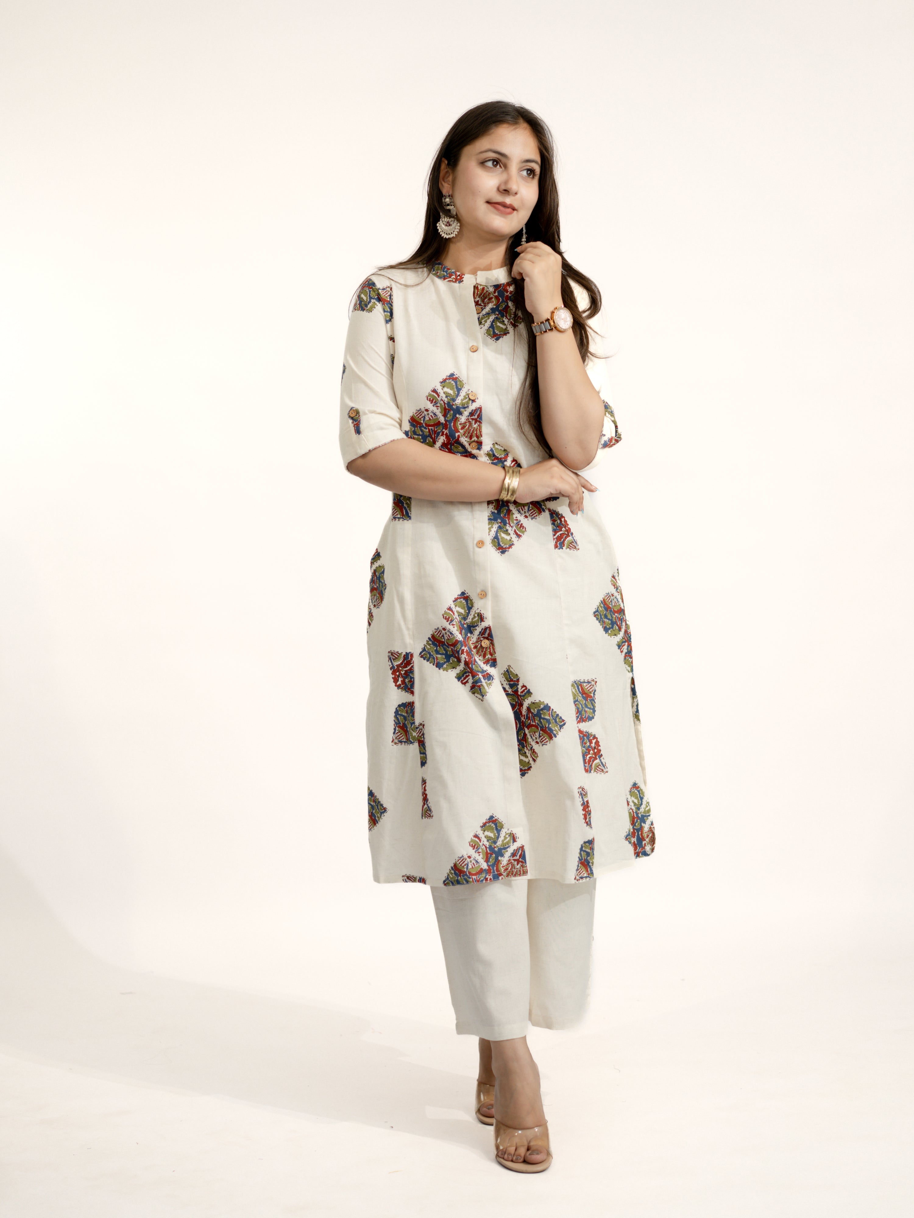 Eaira OffWhite-Blue Cotton Ajrakh A-line Cotton Kurta Set