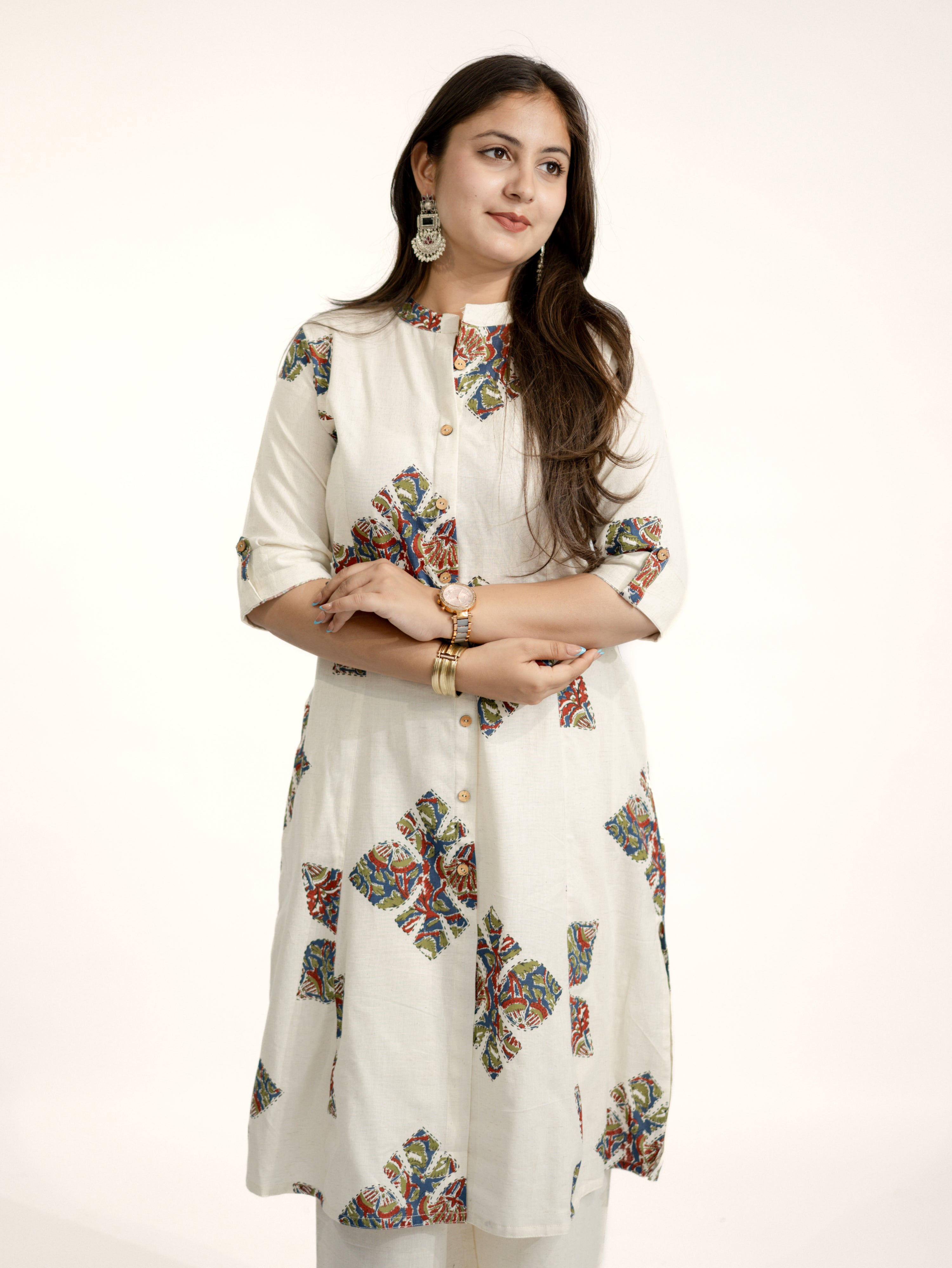 Eaira OffWhite-Blue Cotton Ajrakh A-line Cotton Kurta Set