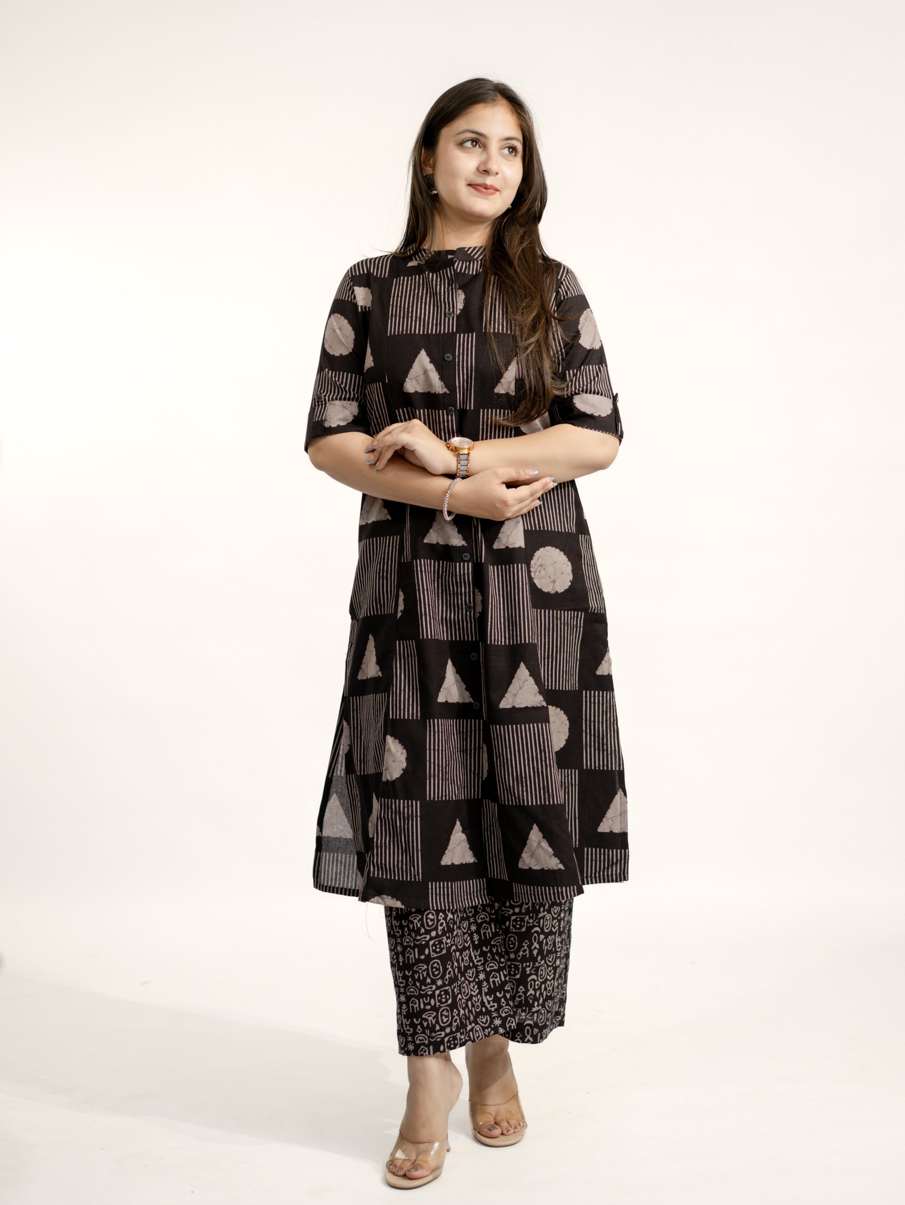 Hazel Black Geometric A-line Cotton Kurta Set