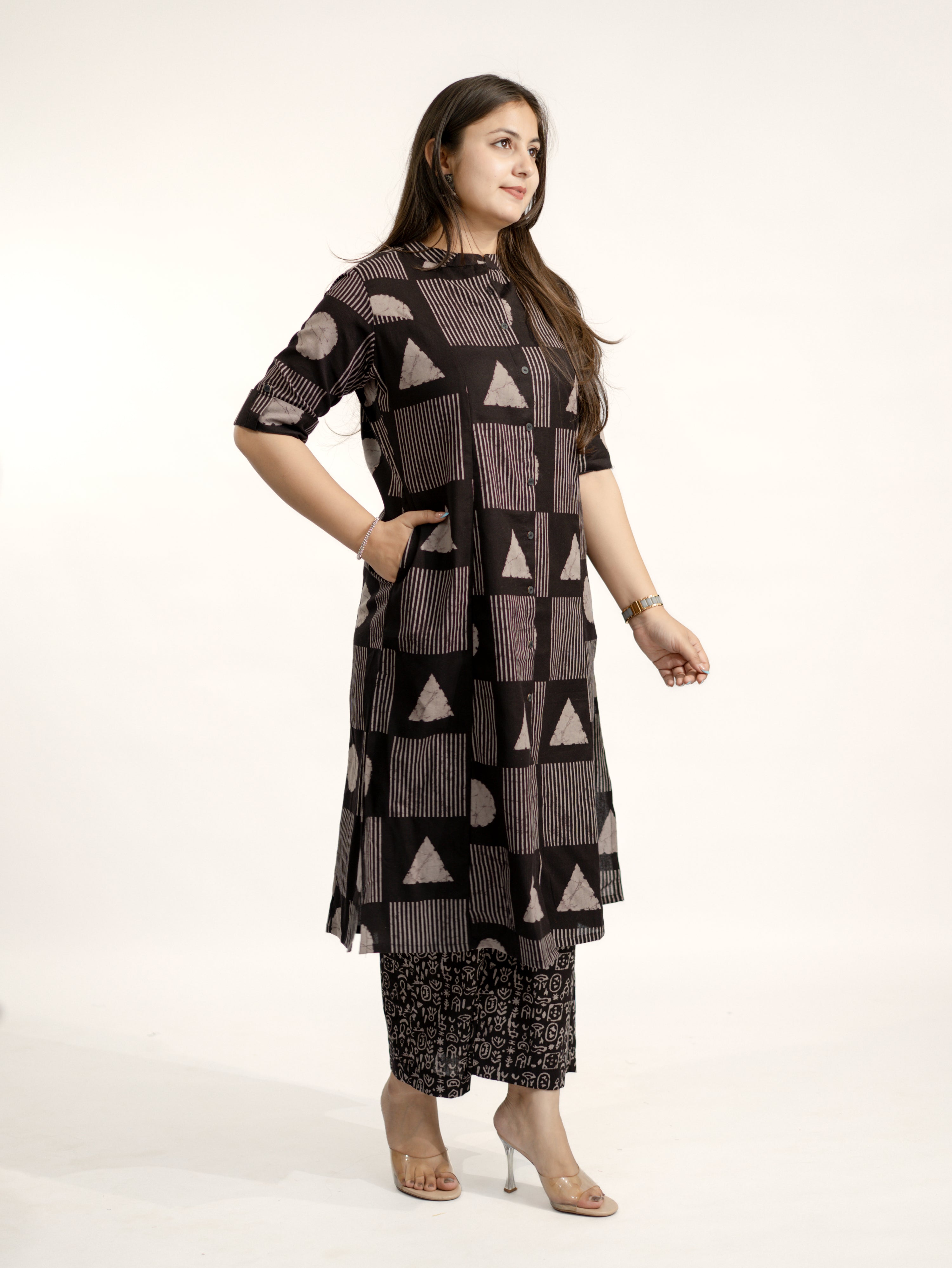 Hazel Black Geometric A-line Cotton Kurta Set