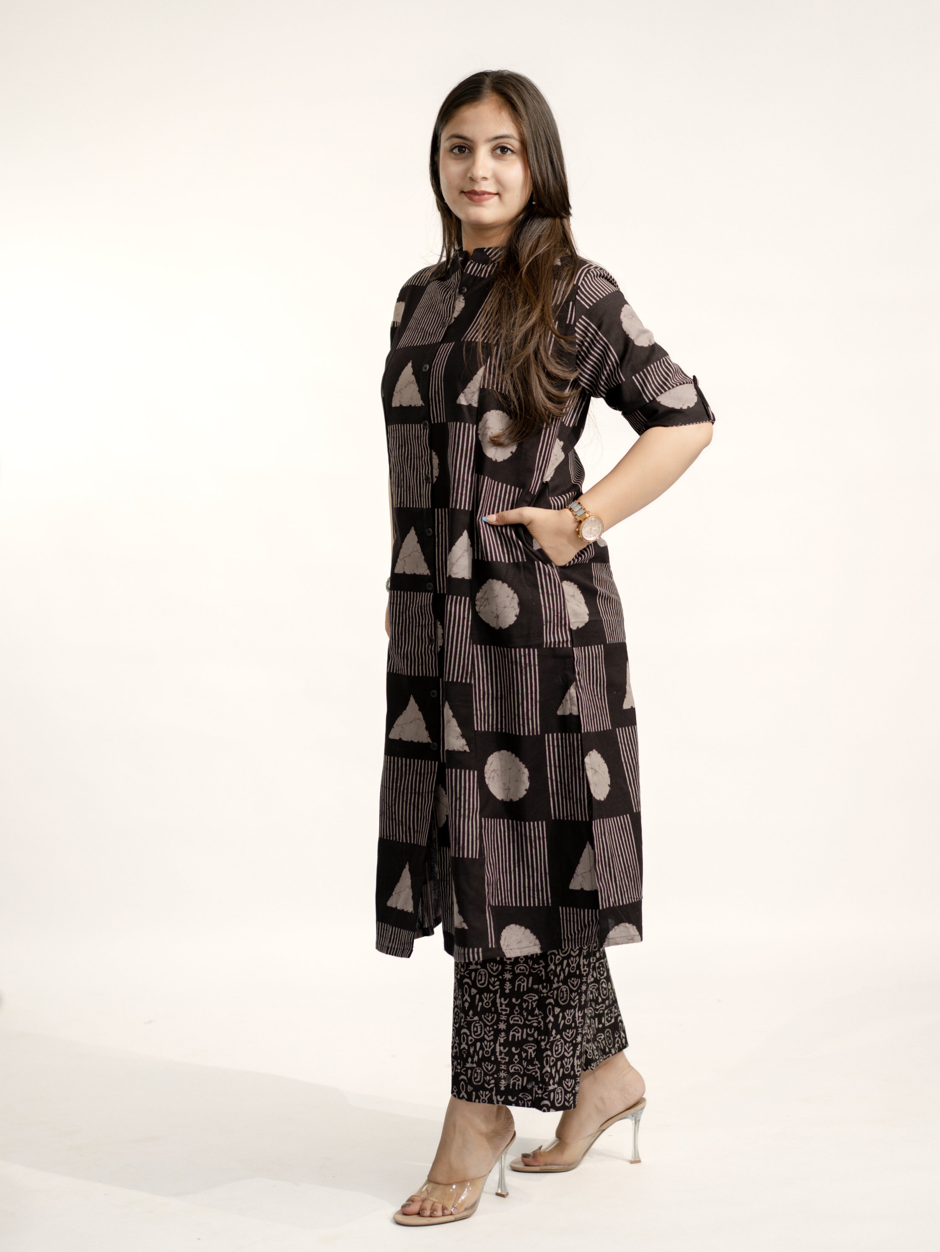 Hazel Black Geometric A-line Cotton Kurta Set