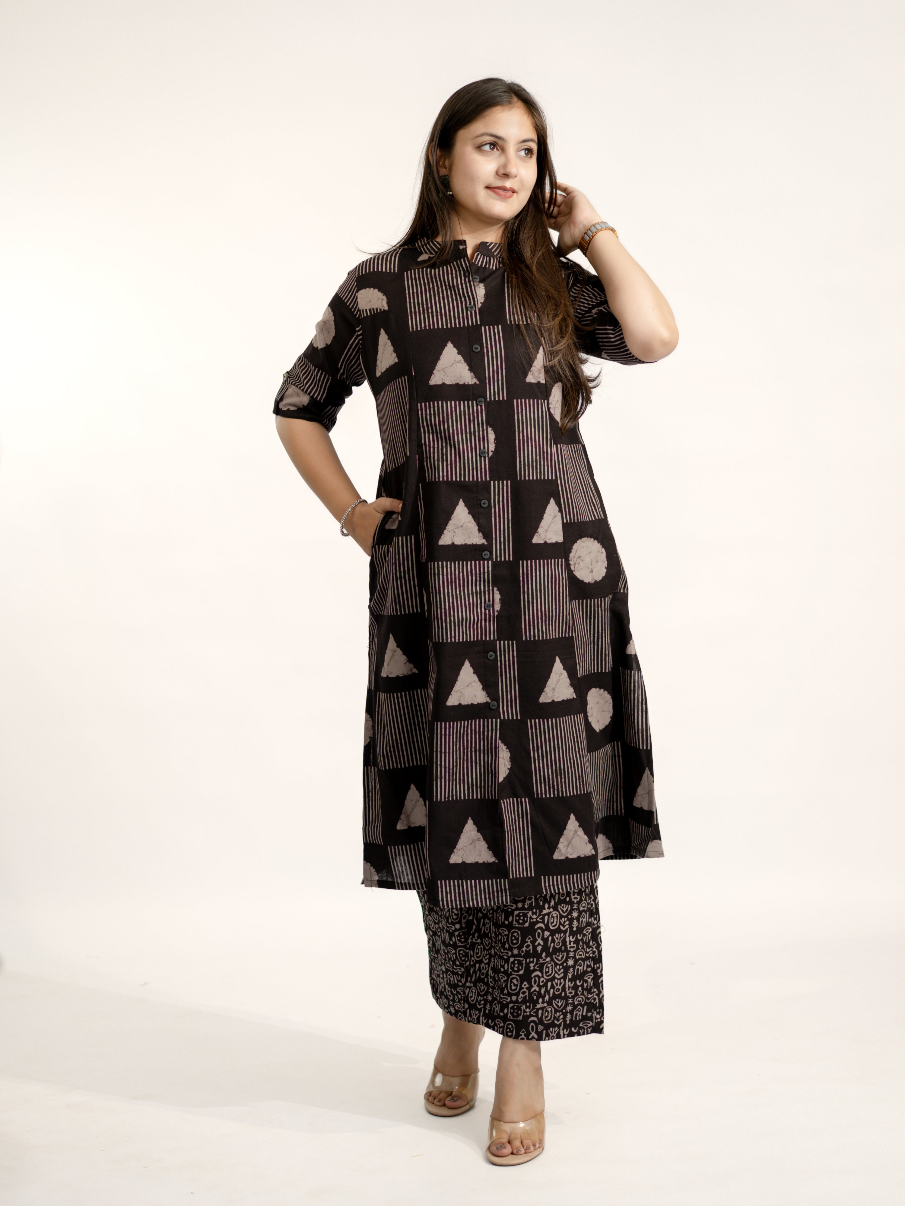 Hazel Black Geometric A-line Cotton Kurta Set