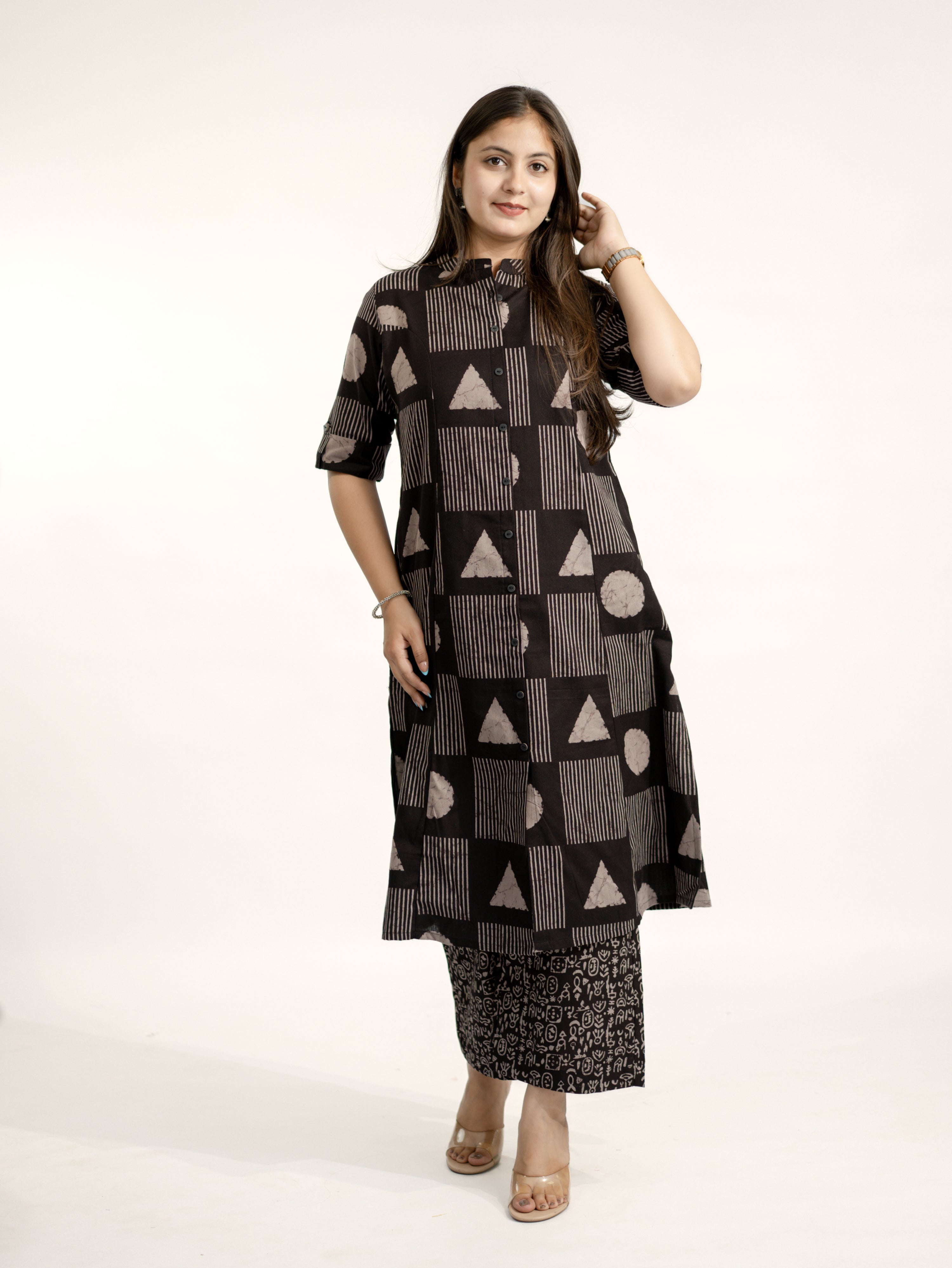 Hazel Black Geometric A-line Cotton Kurta Set