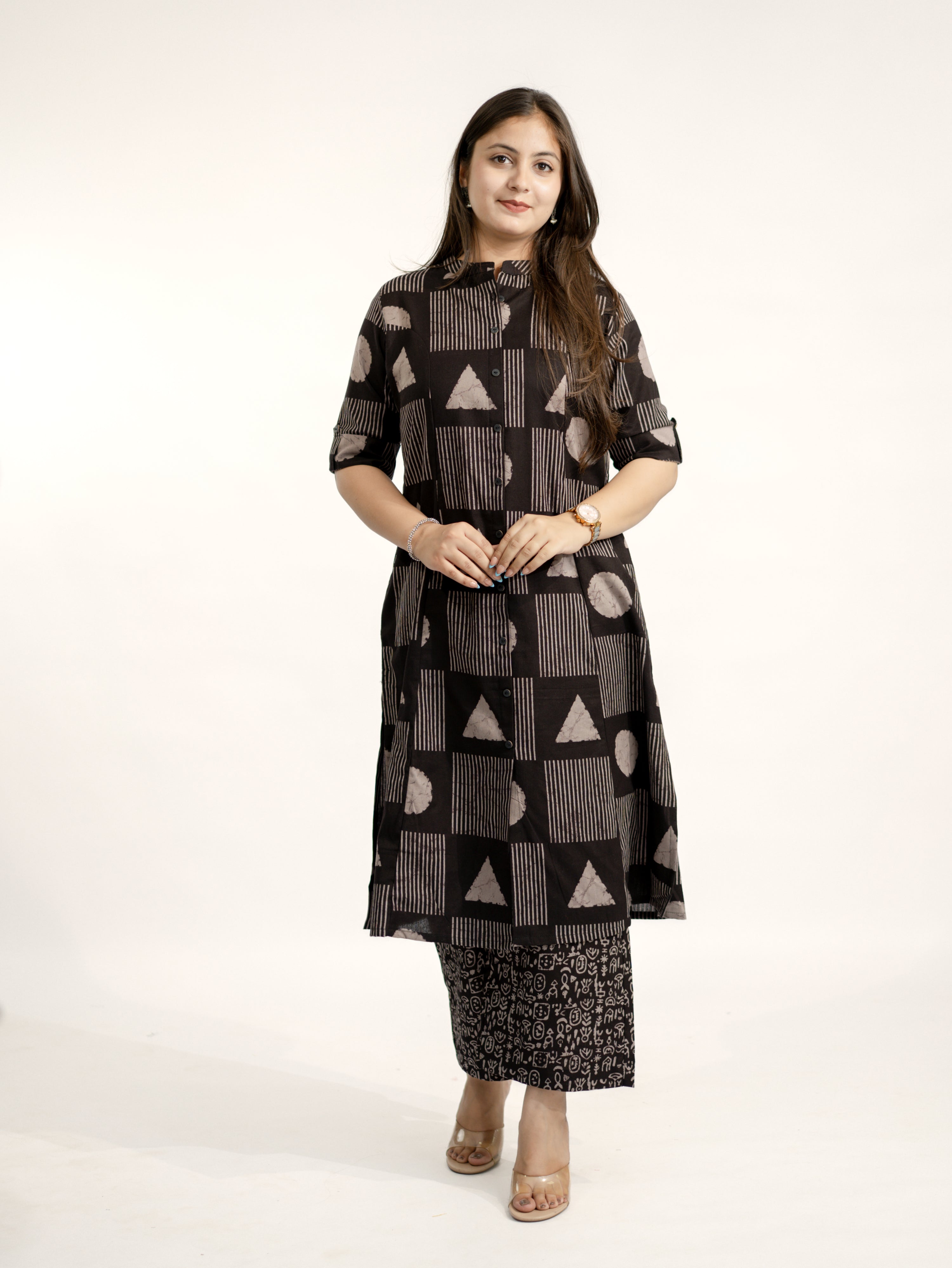 Hazel Black Geometric A-line Cotton Kurta Set