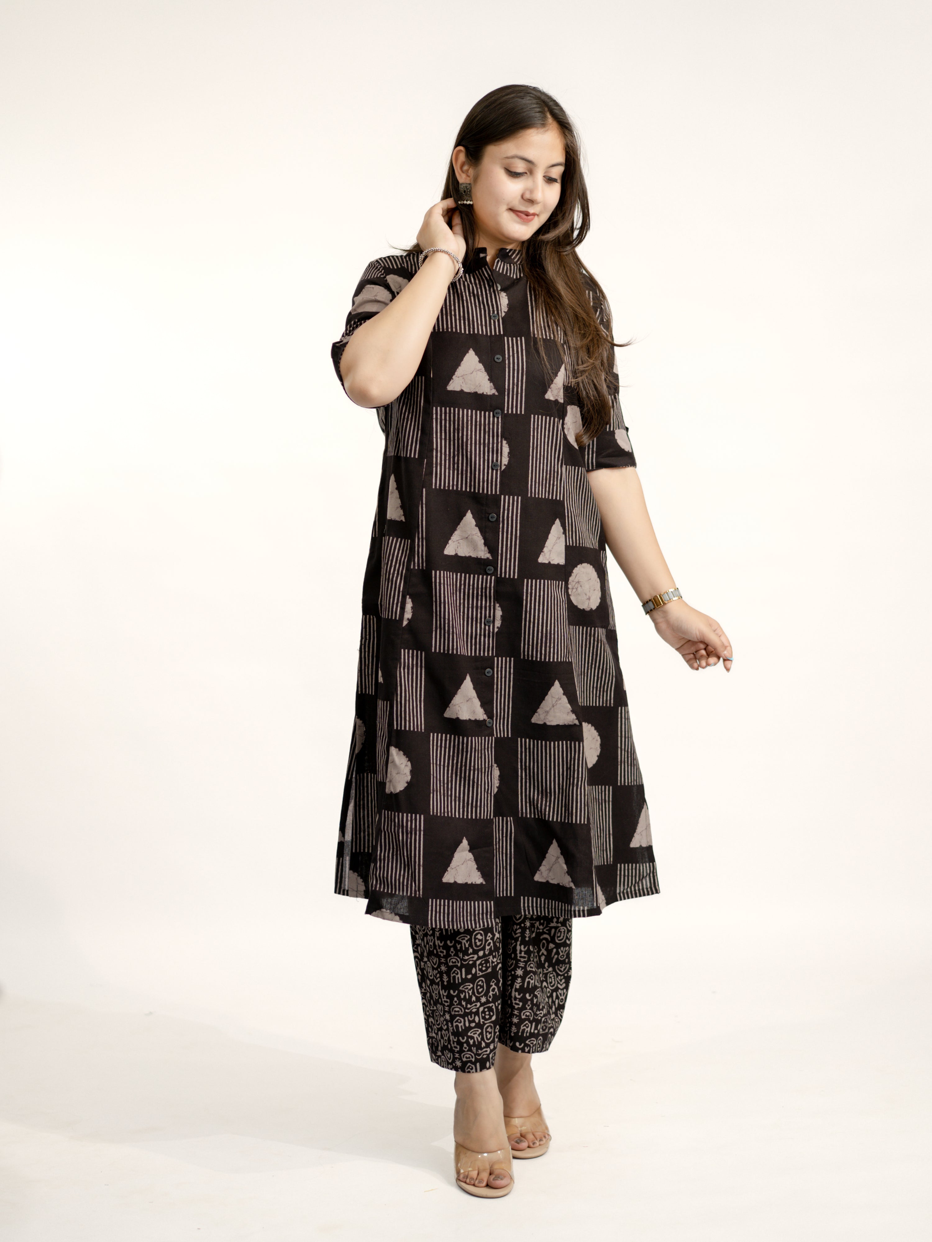 Hazel Black Geometric A-line Cotton Kurta Set