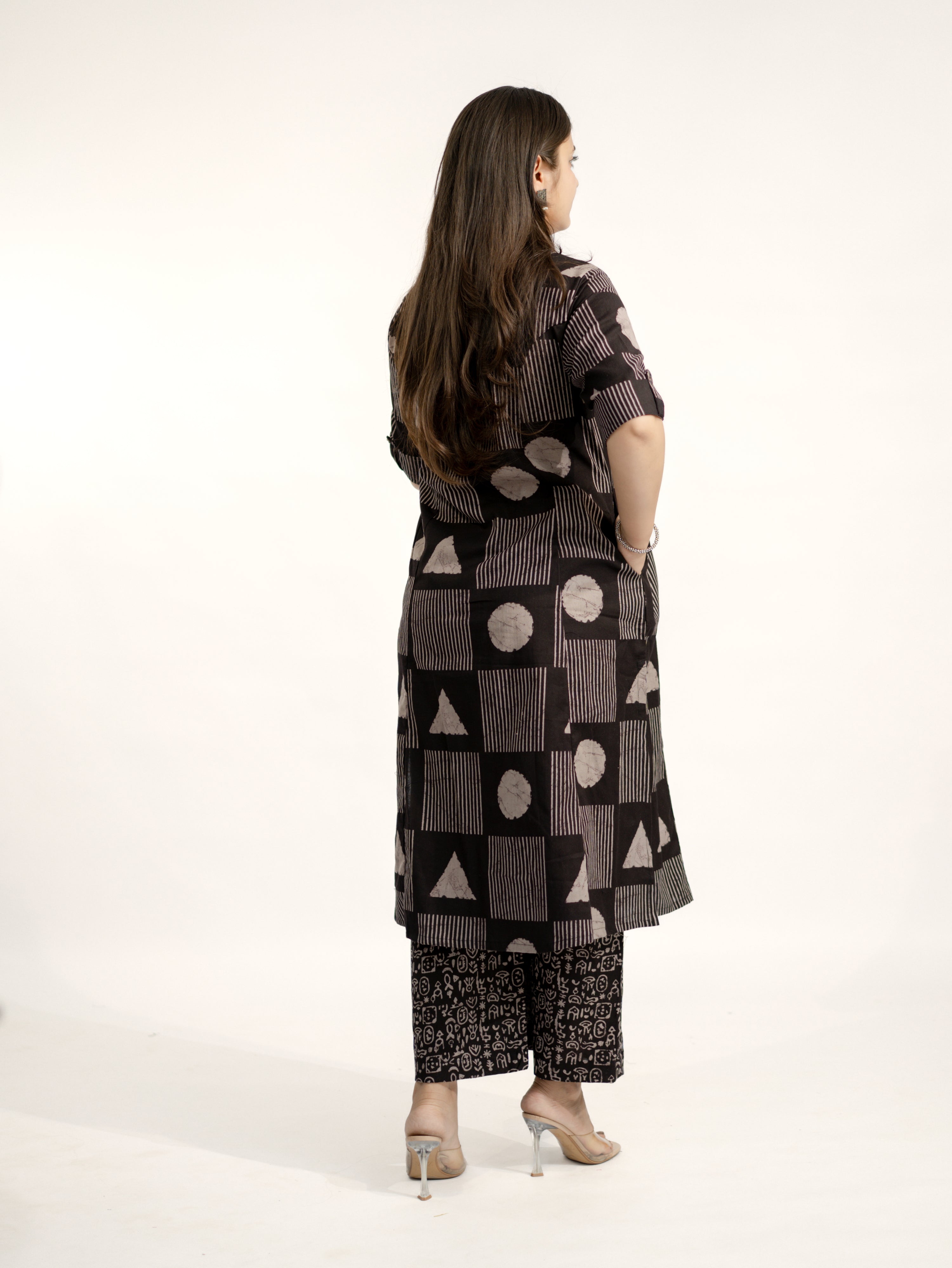 Hazel Black Geometric A-line Cotton Kurta Set