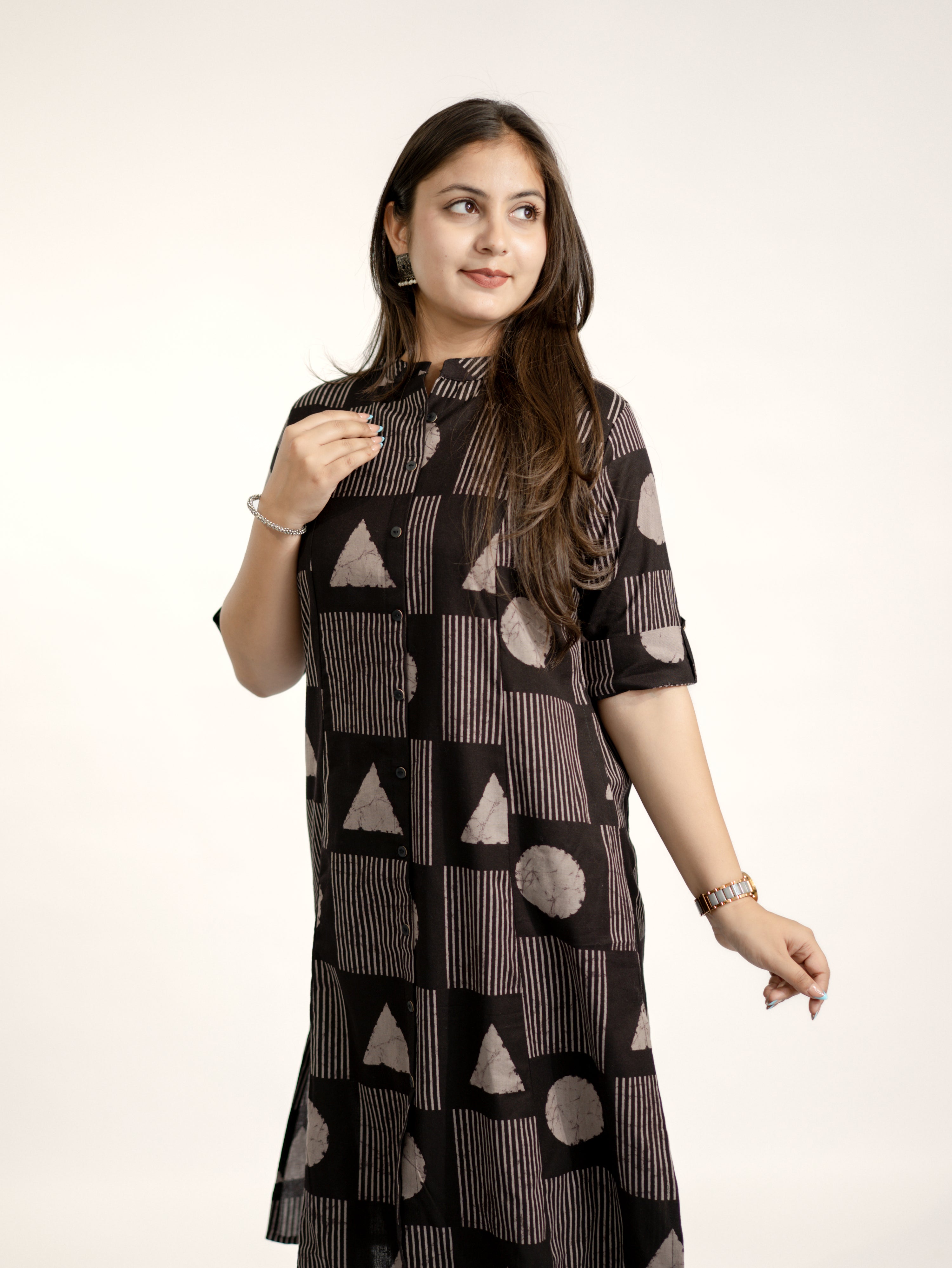 Hazel Black Geometric A-line Cotton Kurta Set