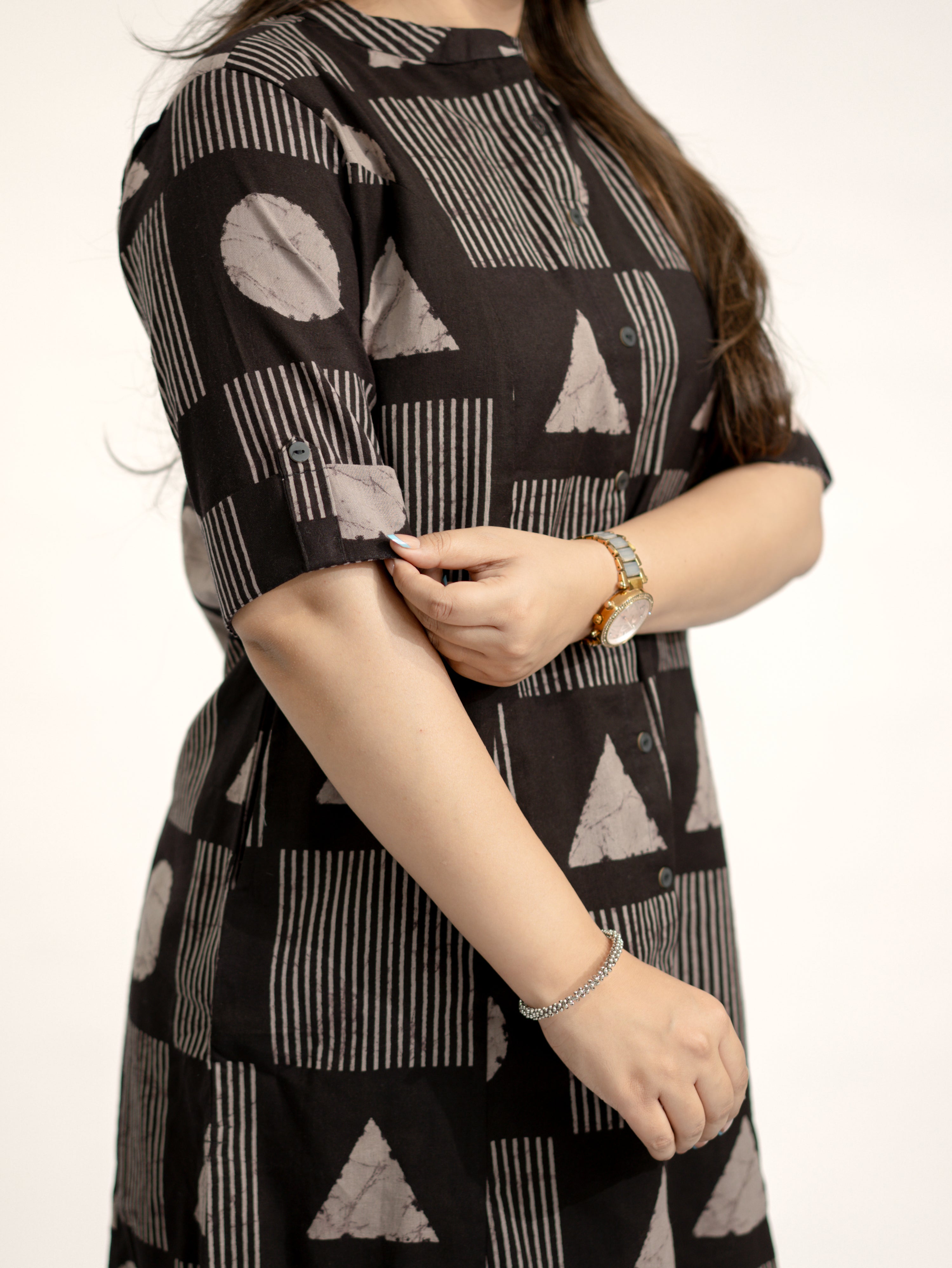 Hazel Black Geometric A-line Cotton Kurta Set
