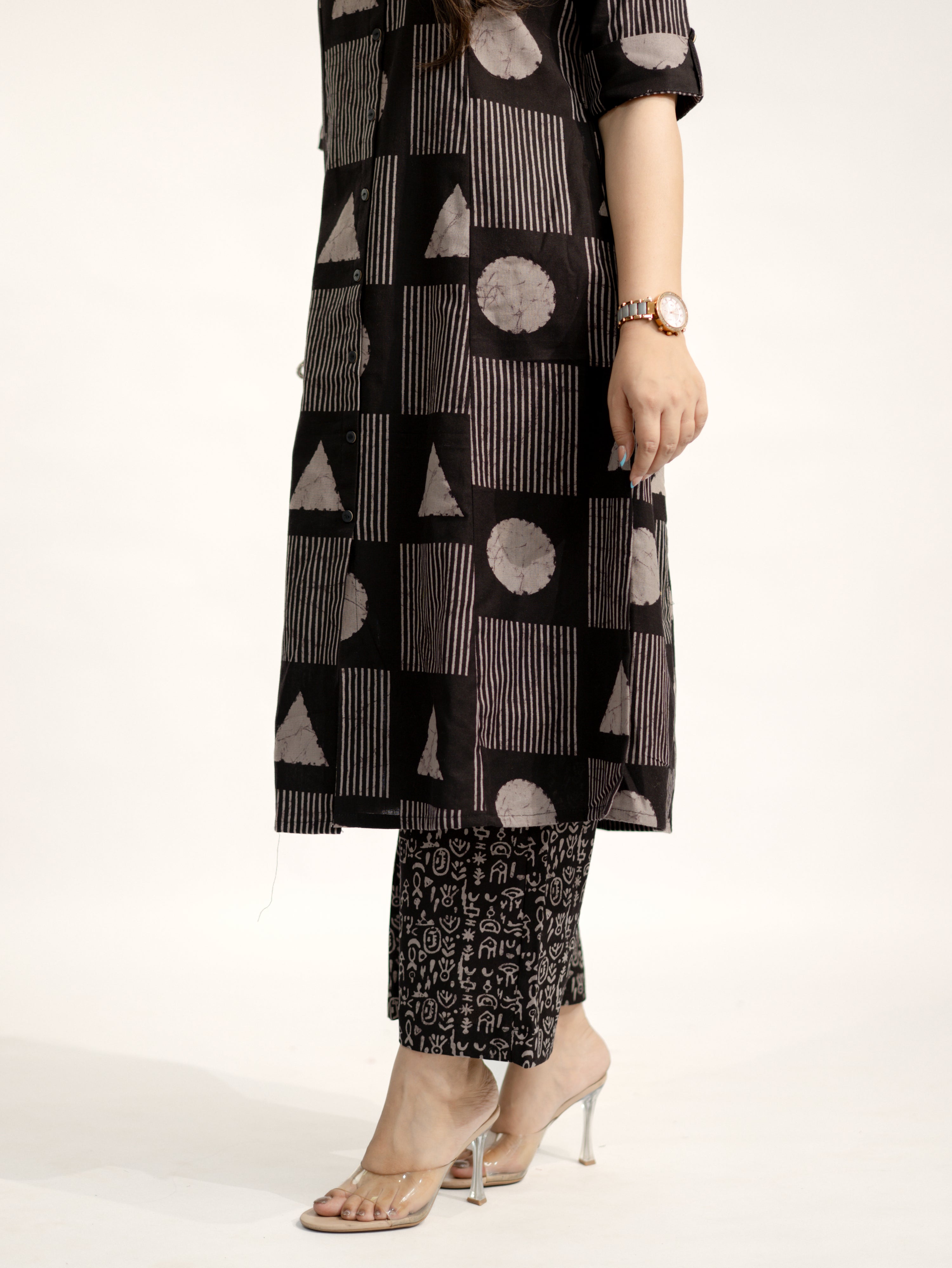 Hazel Black Geometric A-line Cotton Kurta Set