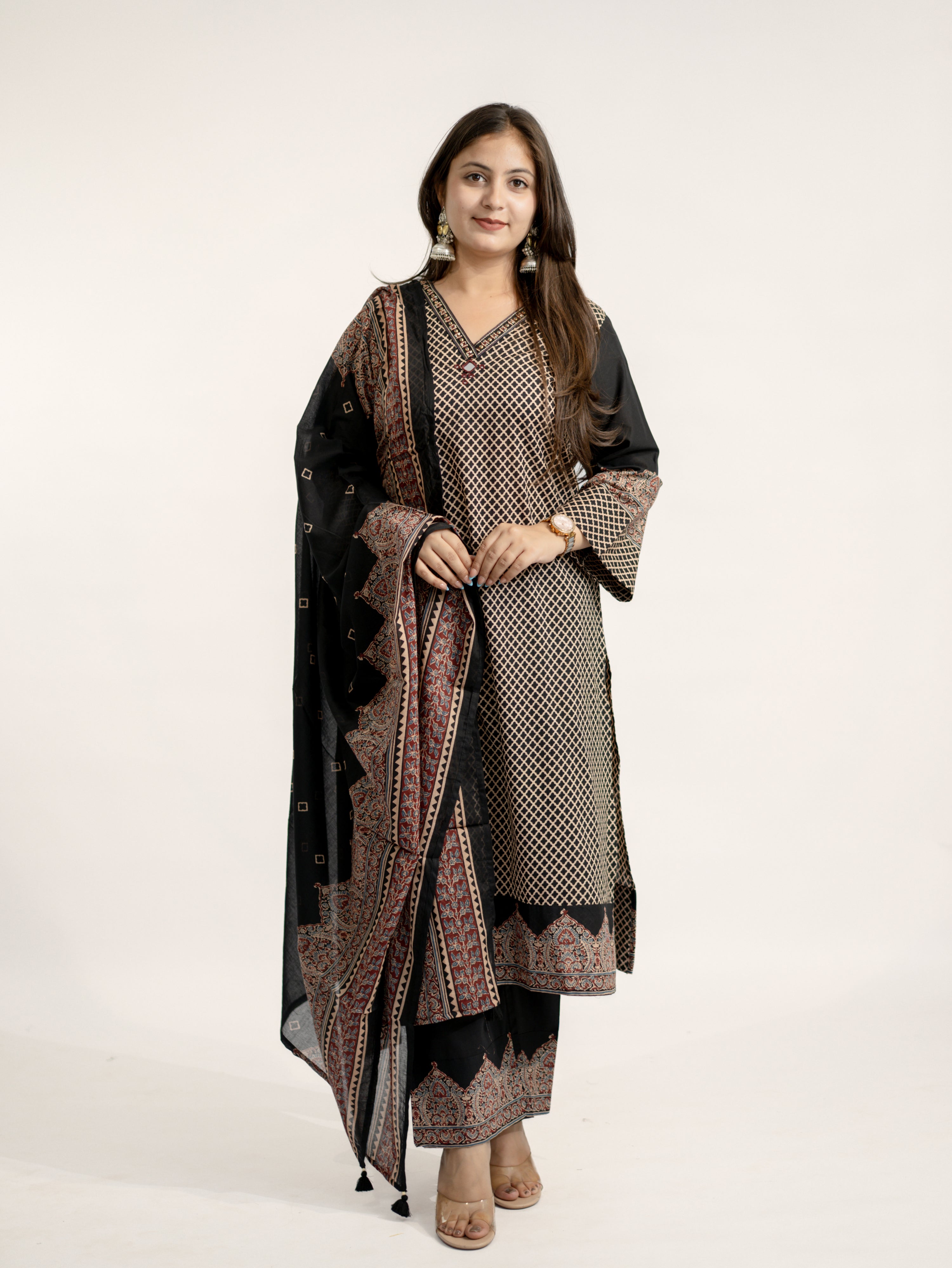 Safa Black Ajrakh Cotton HandEmbroidered Dupatta Set