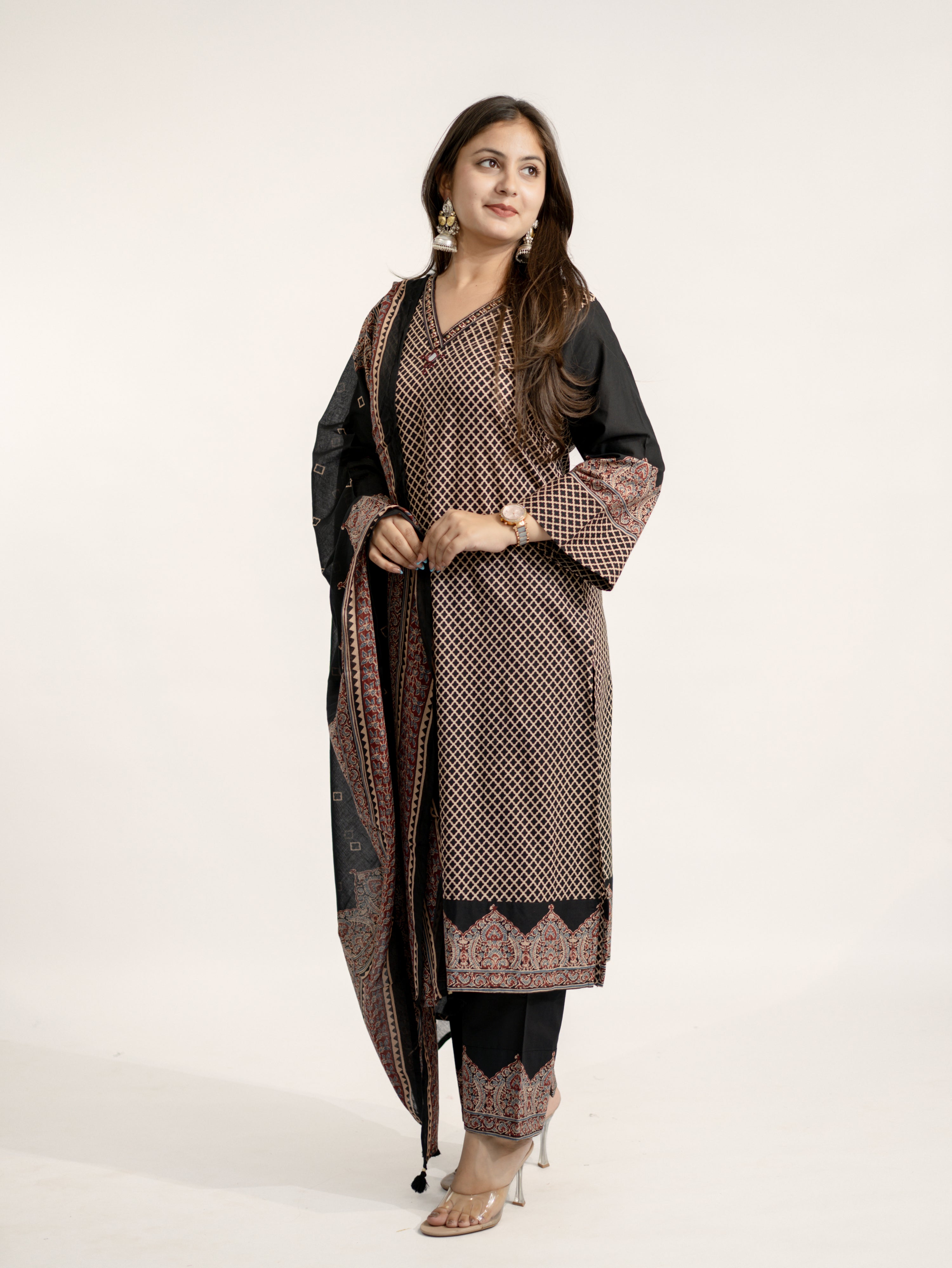 Safa Black Ajrakh Cotton HandEmbroidered Dupatta Set