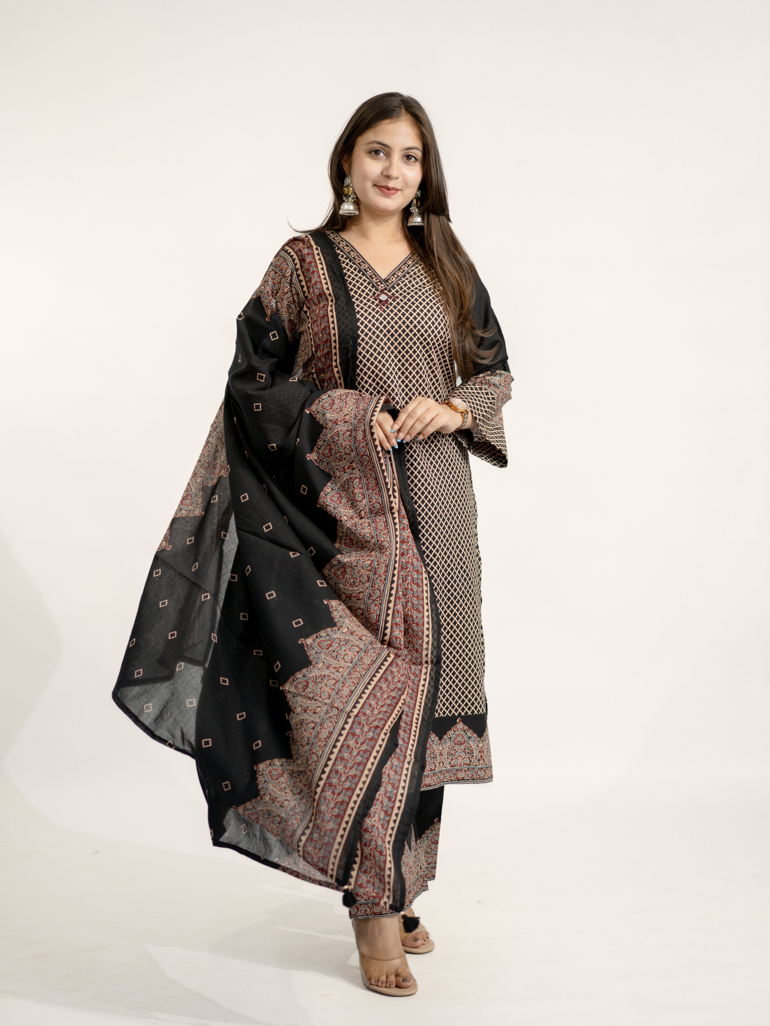 Safa Black Ajrakh Cotton HandEmbroidered Dupatta Set