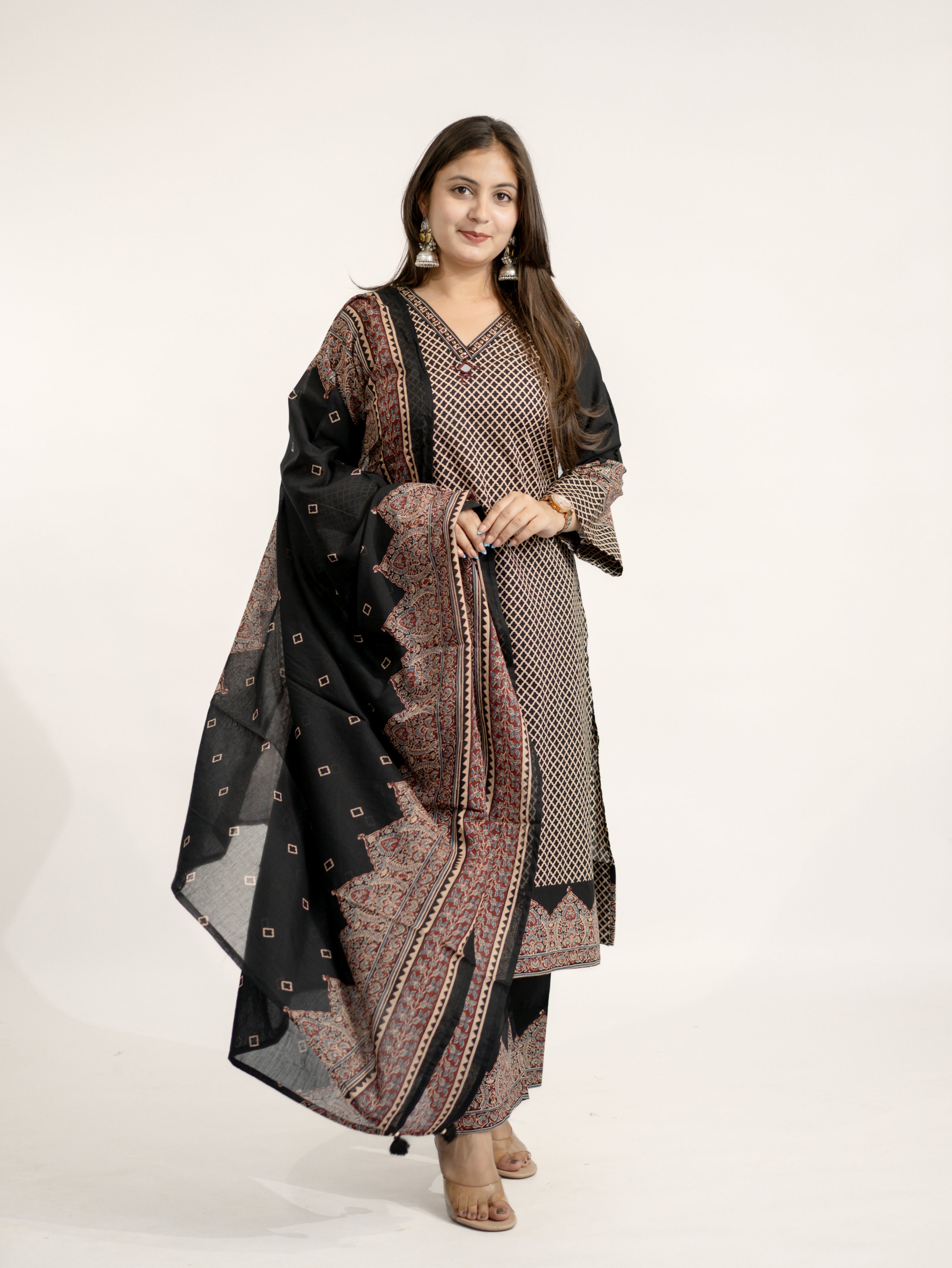 Safa Black Ajrakh Cotton HandEmbroidered Dupatta Set