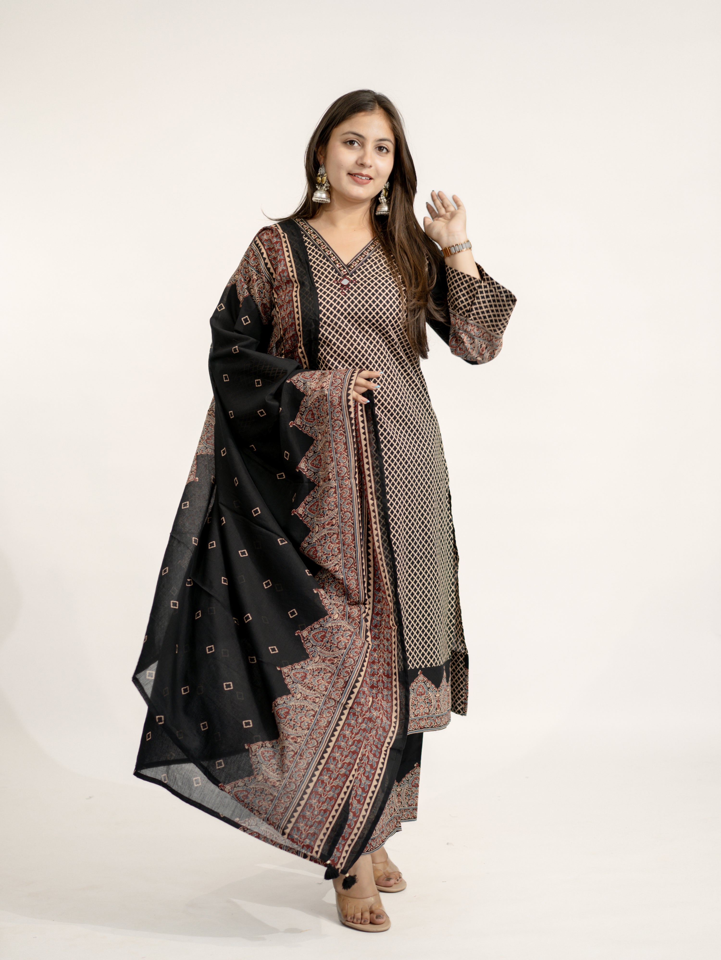 Safa Black Ajrakh Cotton HandEmbroidered Dupatta Set