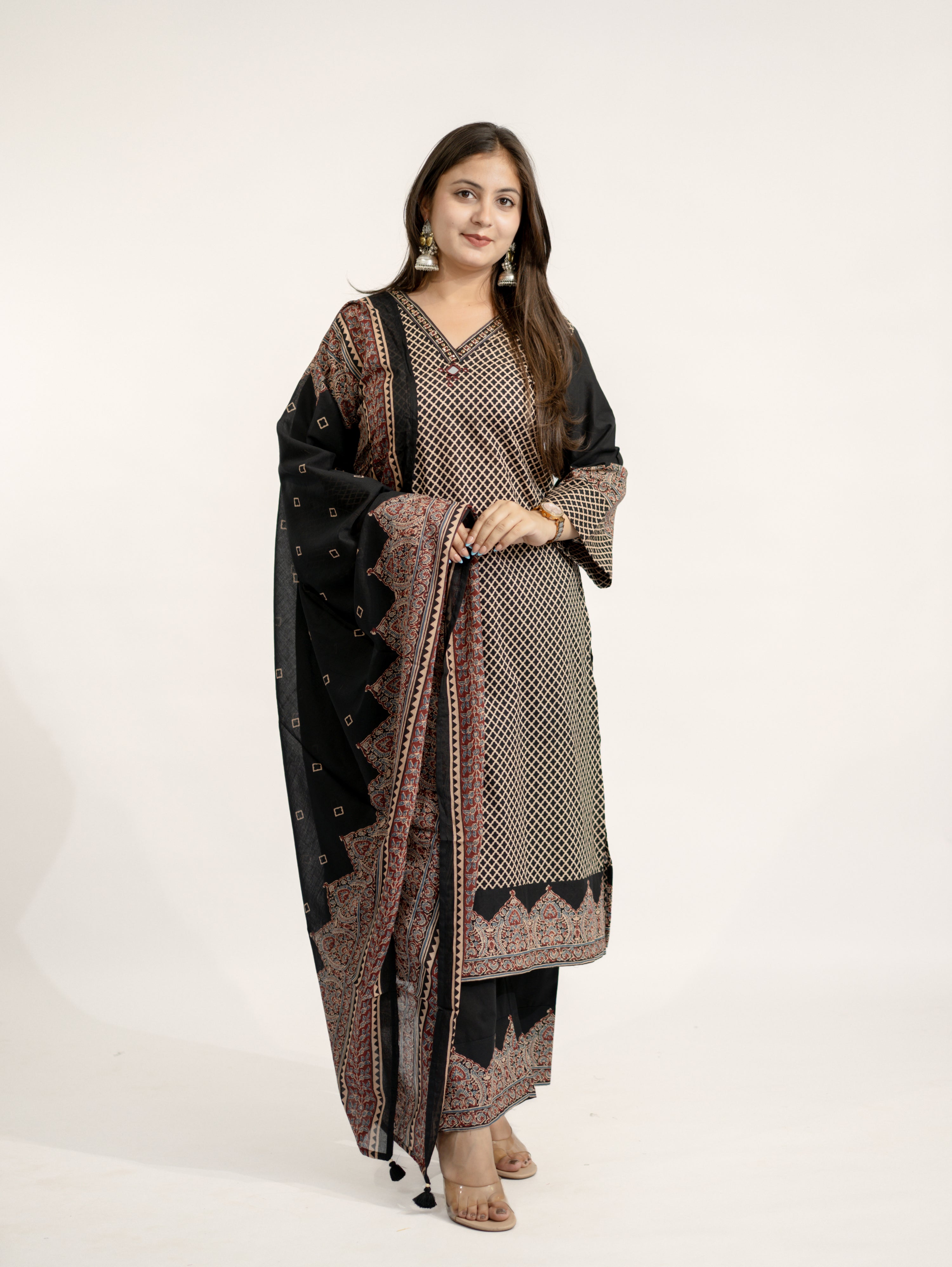 Safa Black Ajrakh Cotton HandEmbroidered Dupatta Set