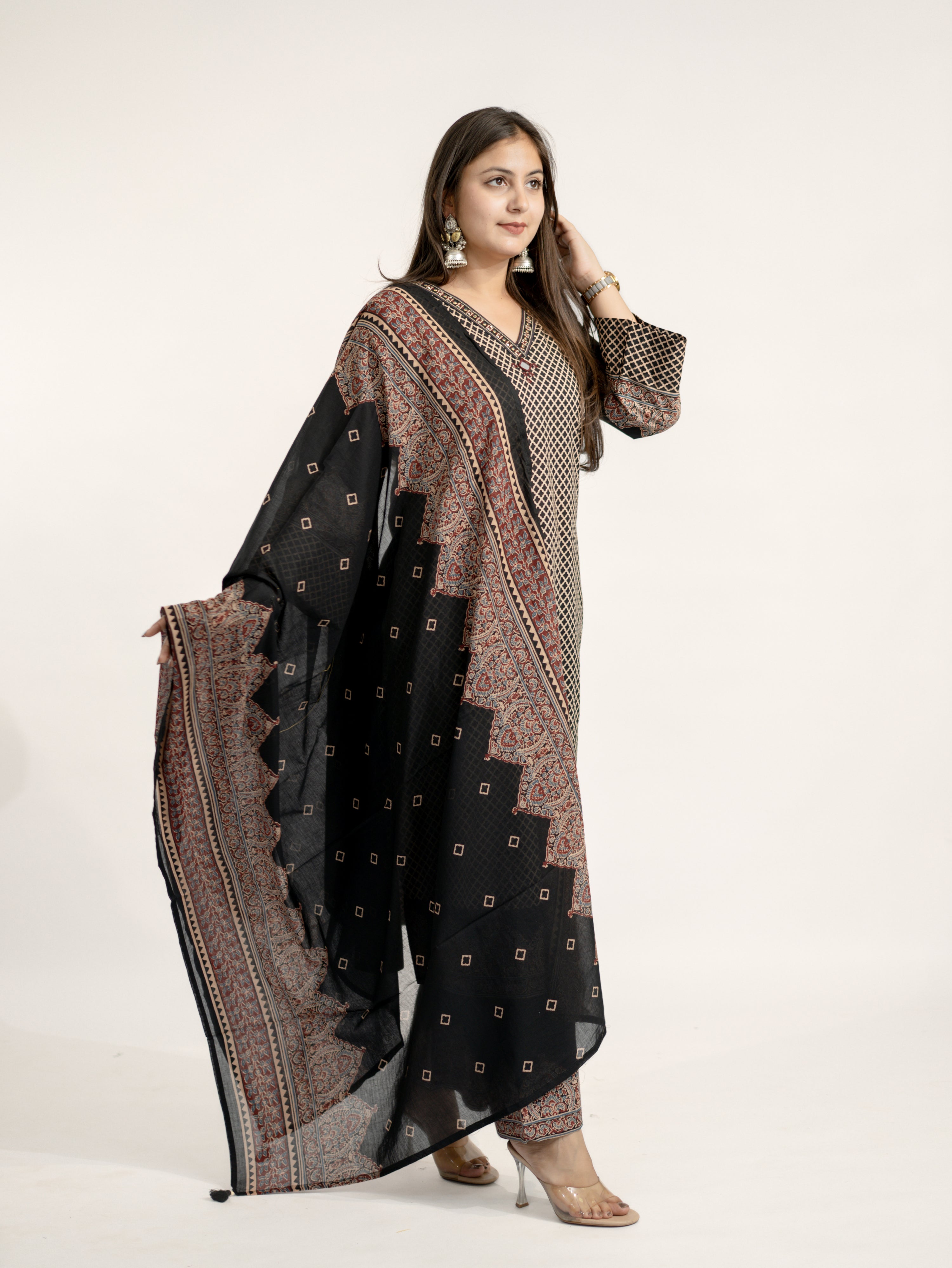 Safa Black Ajrakh Cotton HandEmbroidered Dupatta Set