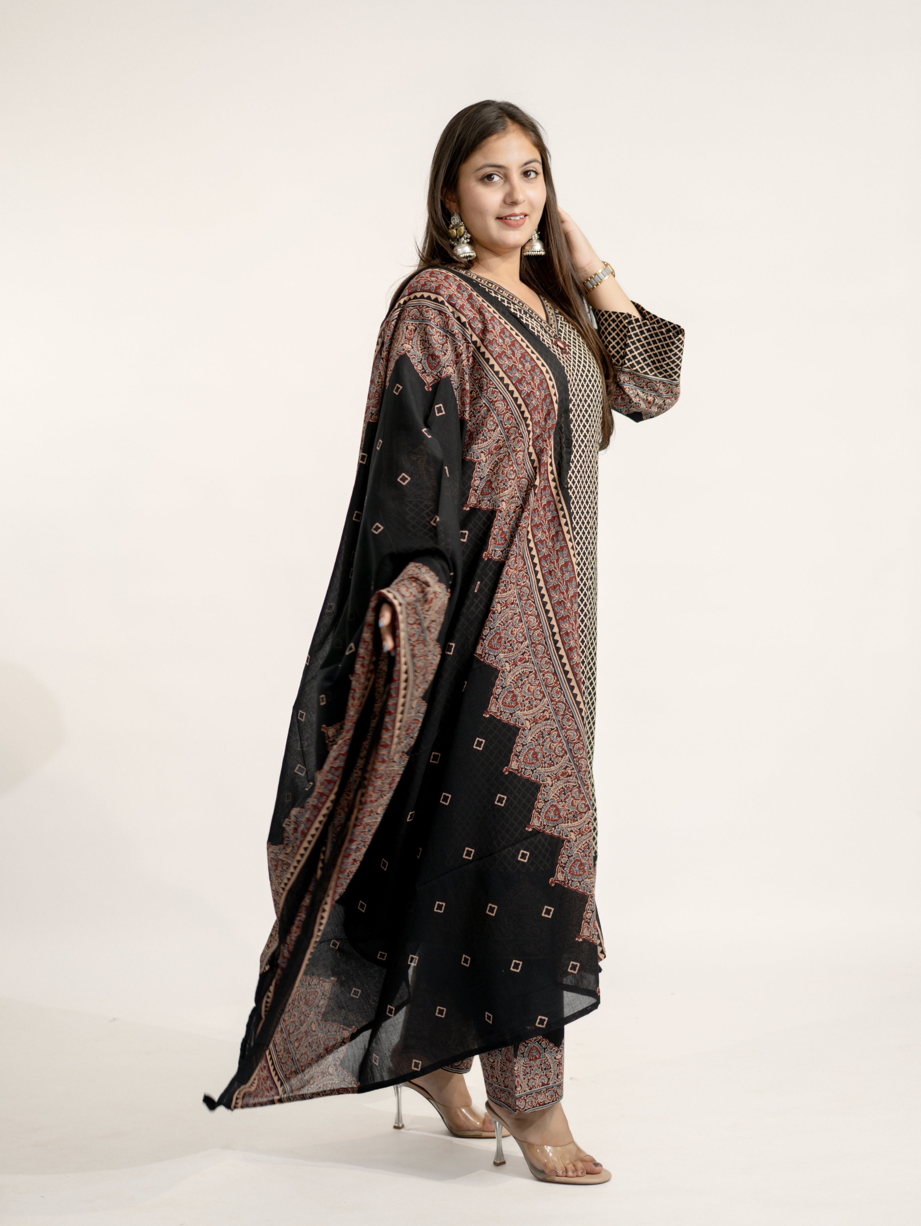 Safa Black Ajrakh Cotton HandEmbroidered Dupatta Set