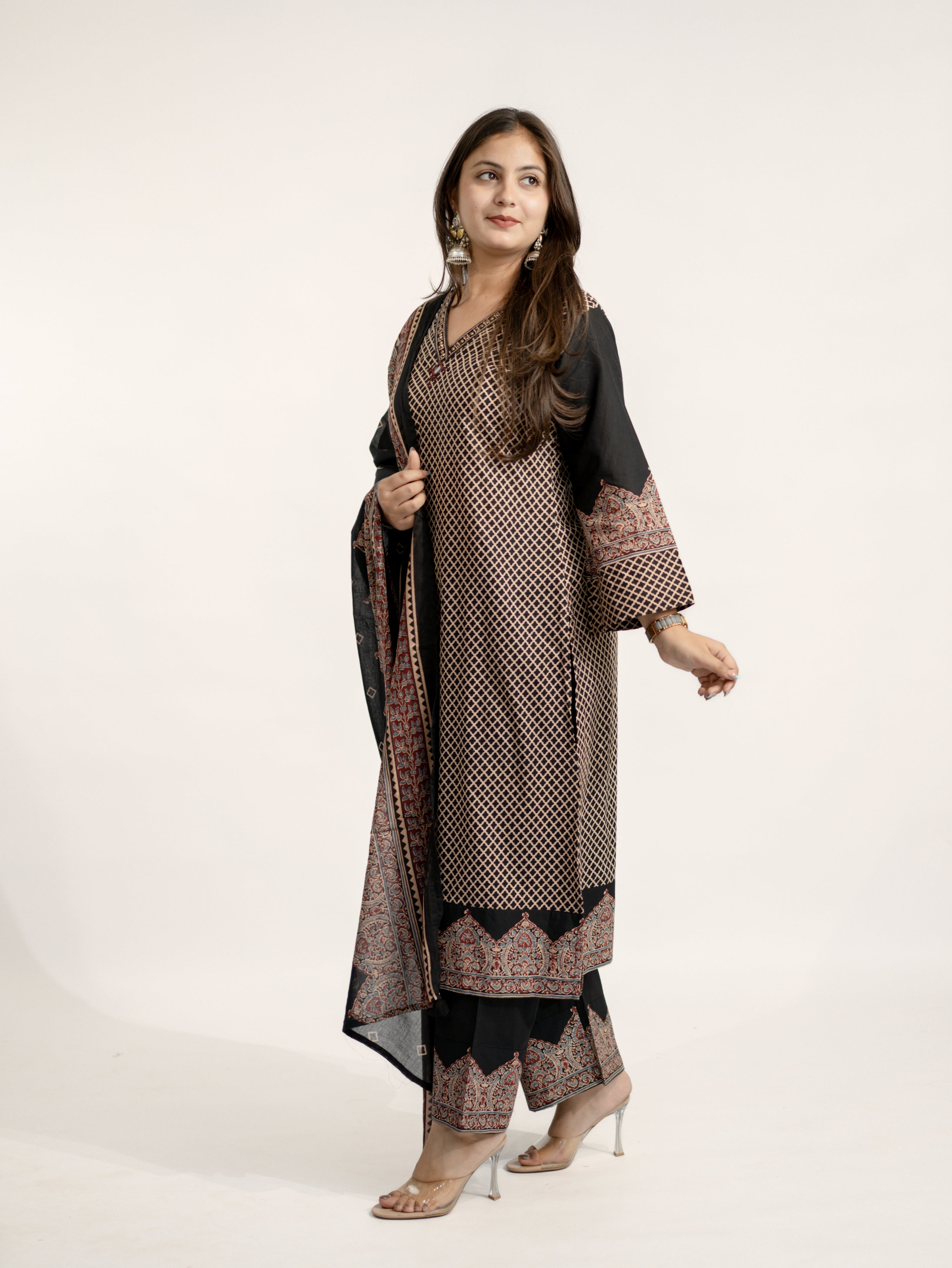 Safa Black Ajrakh Cotton HandEmbroidered Dupatta Set