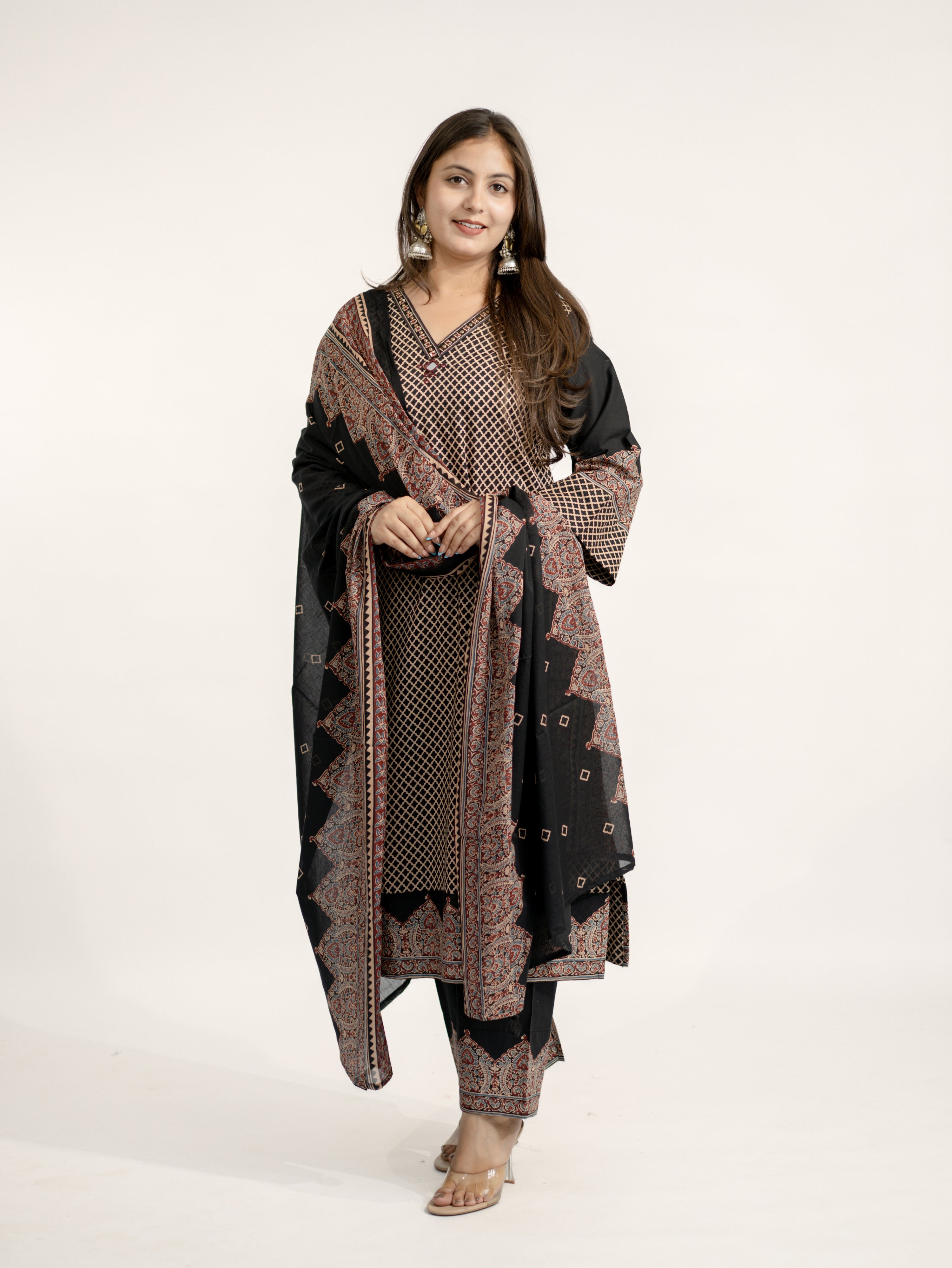 Safa Black Ajrakh Cotton HandEmbroidered Dupatta Set
