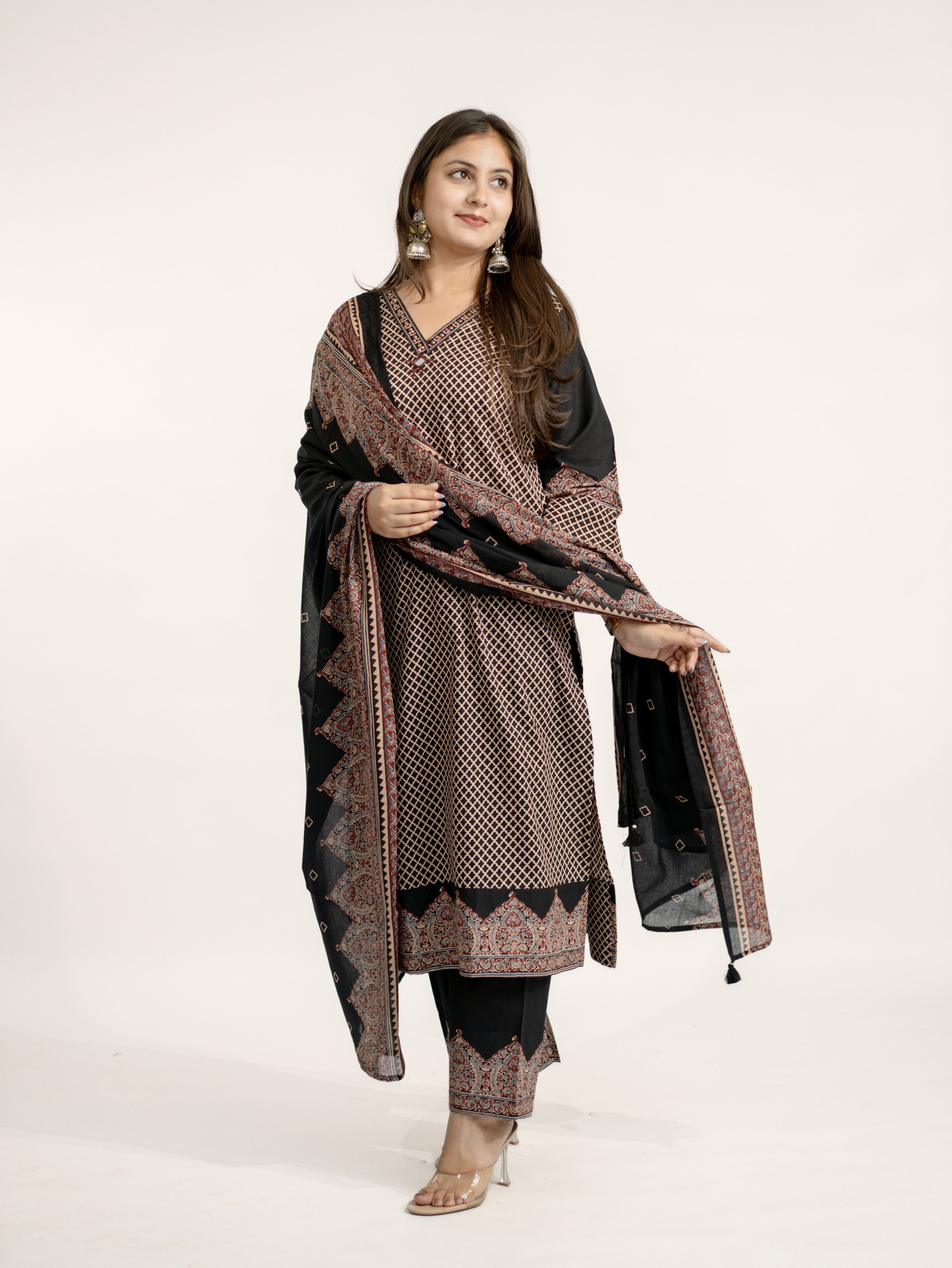 Safa Black Ajrakh Cotton HandEmbroidered Dupatta Set