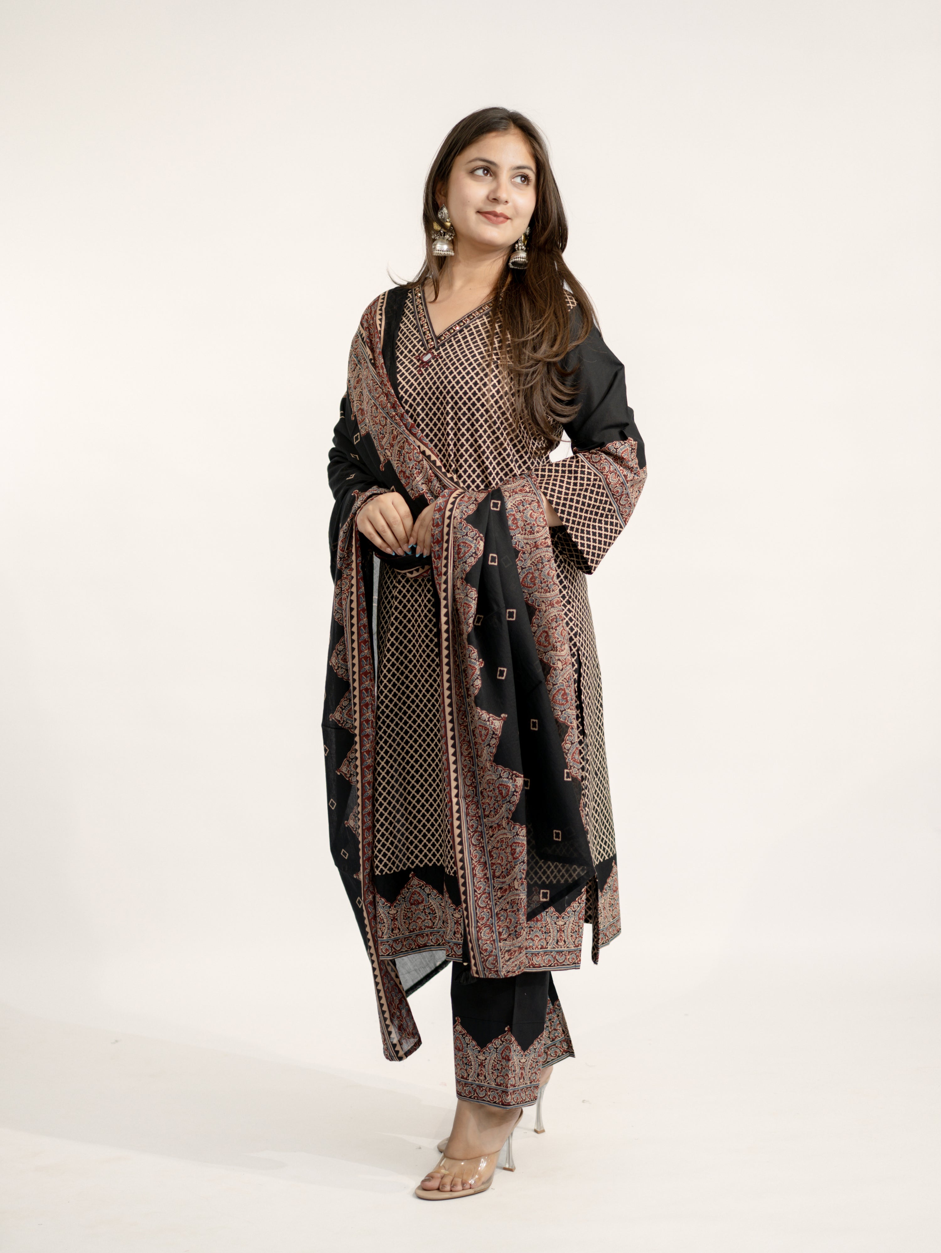 Safa Black Ajrakh Cotton HandEmbroidered Dupatta Set
