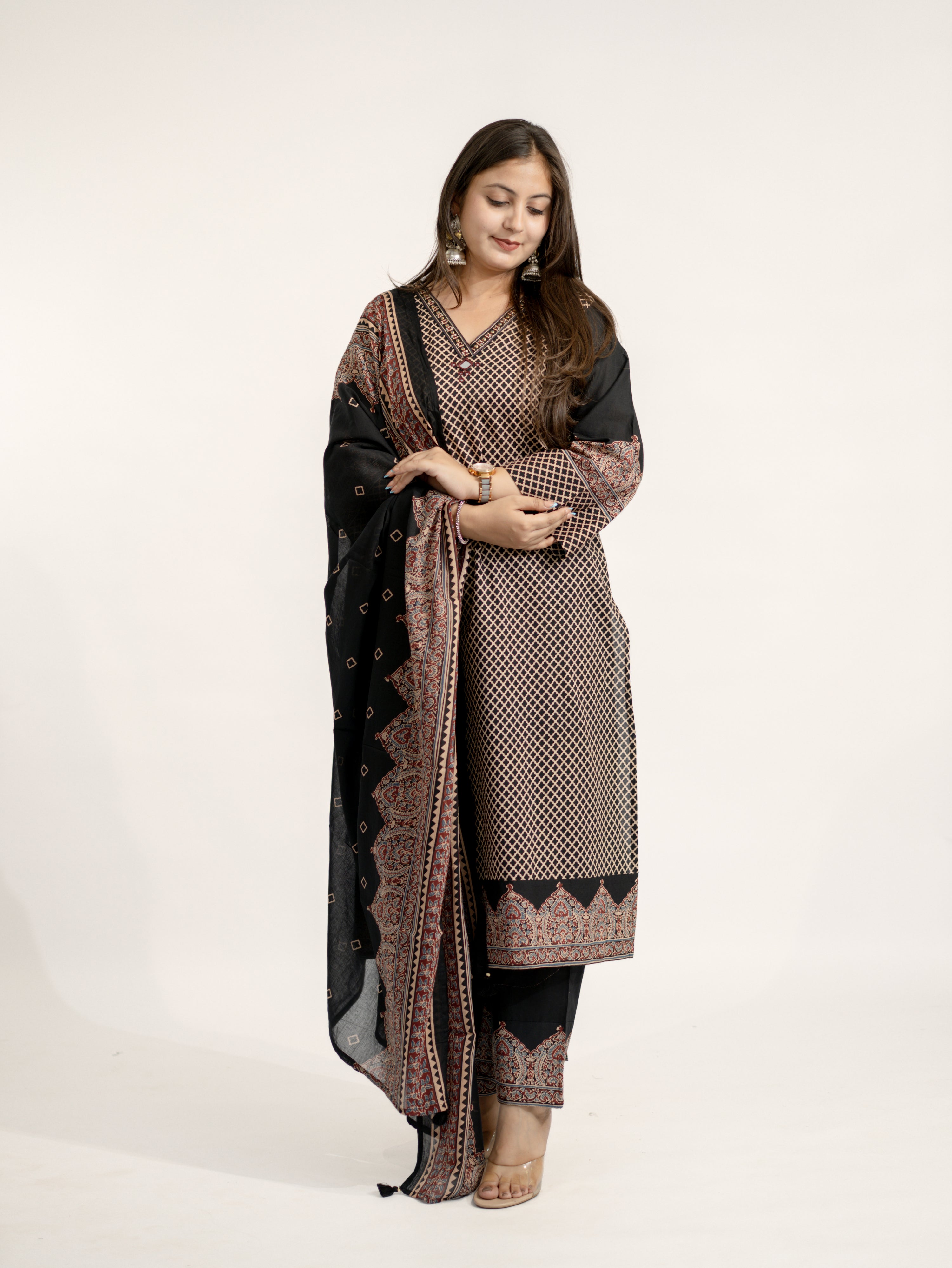Safa Black Ajrakh Cotton HandEmbroidered Dupatta Set