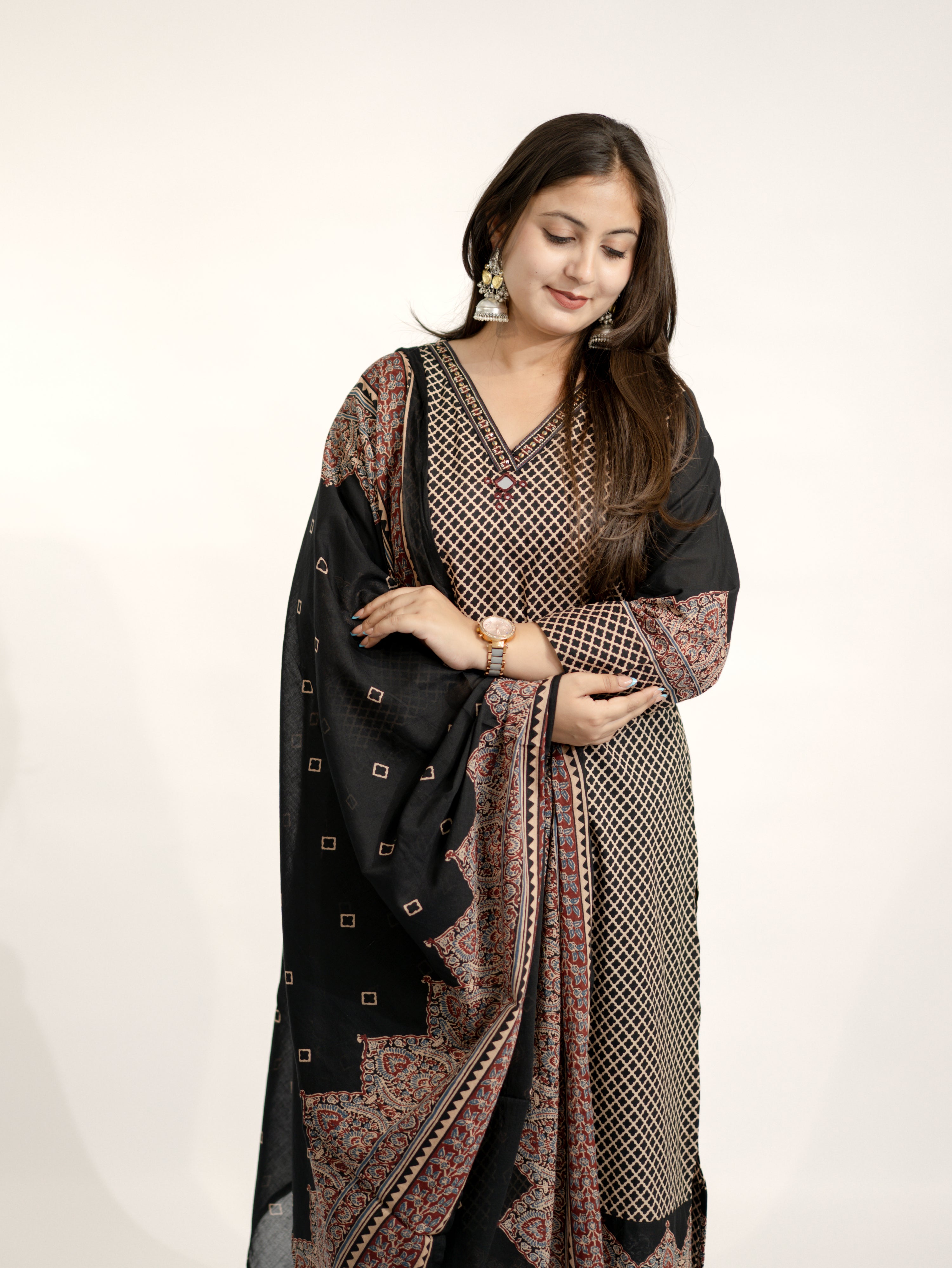 Safa Black Ajrakh Cotton HandEmbroidered Dupatta Set