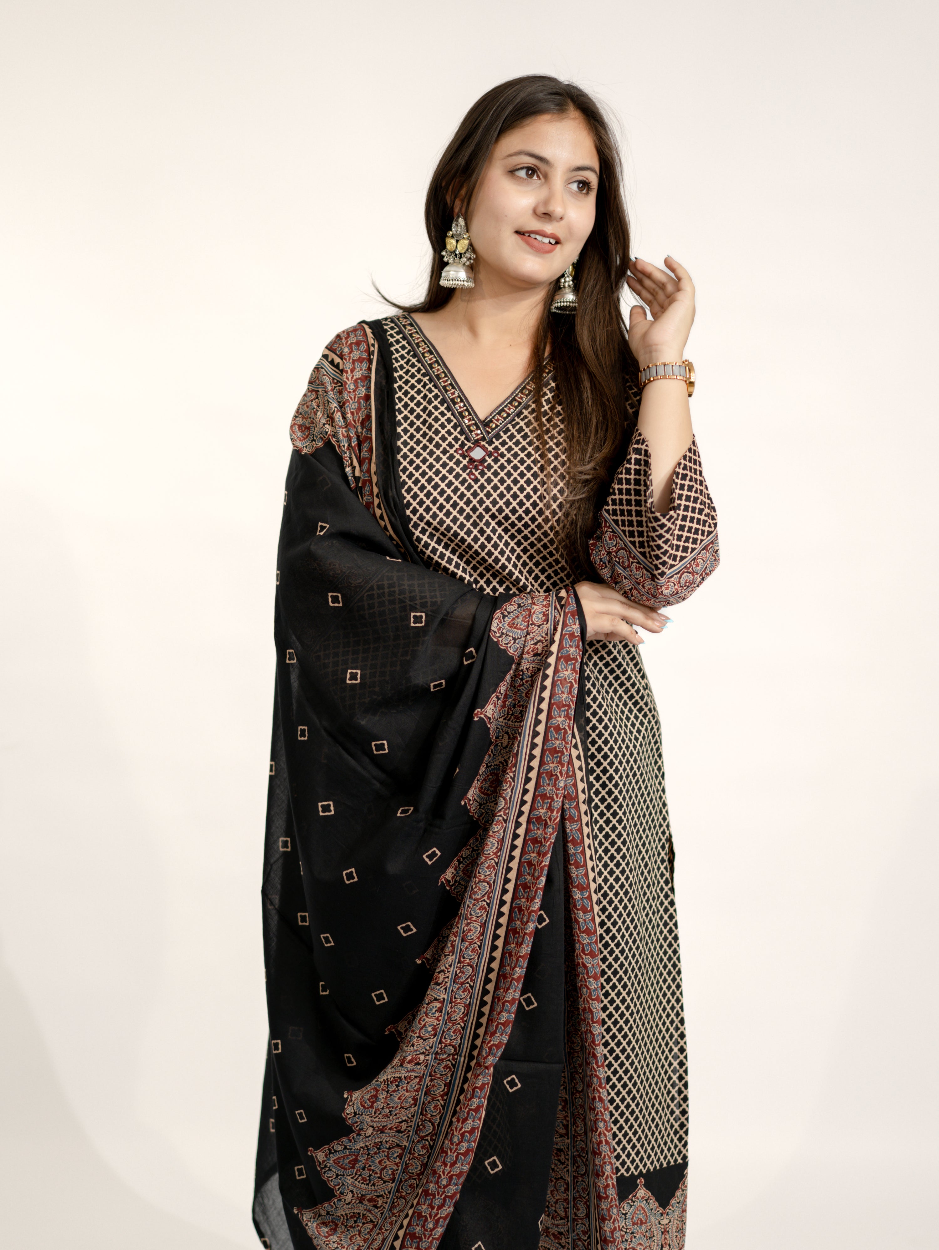 Safa Black Ajrakh Cotton HandEmbroidered Dupatta Set