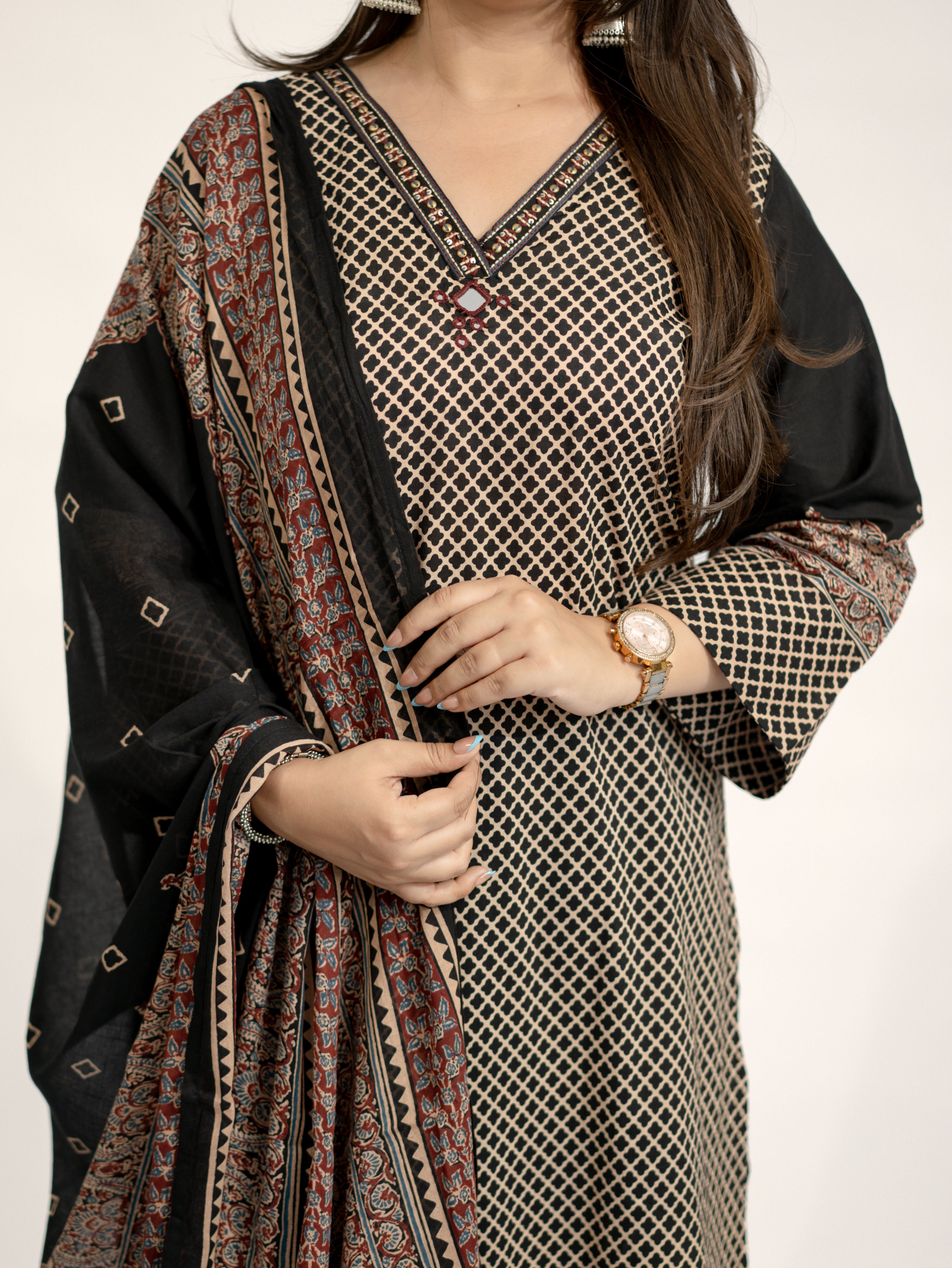 Safa Black Ajrakh Cotton HandEmbroidered Dupatta Set