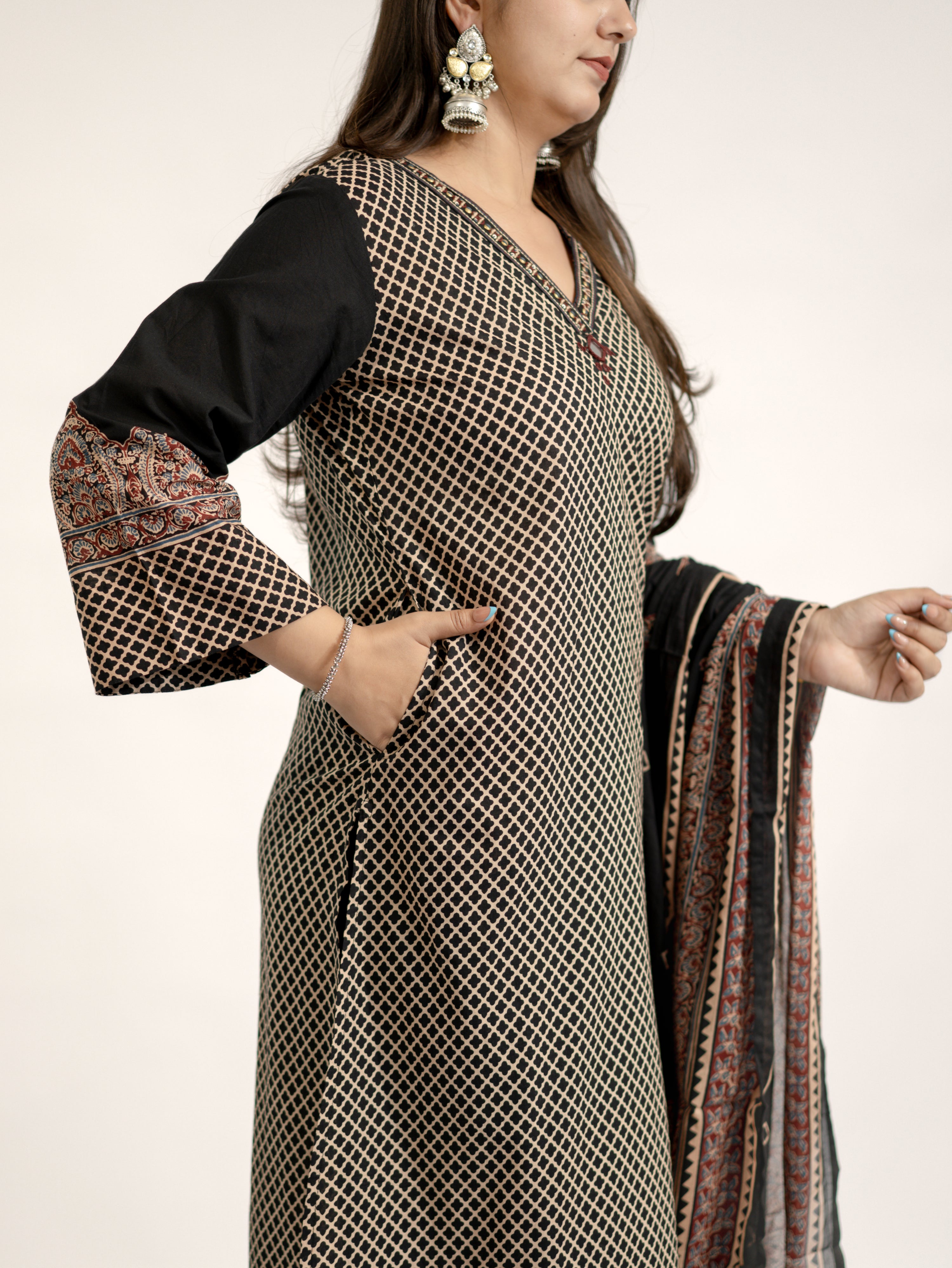 Safa Black Ajrakh Cotton HandEmbroidered Dupatta Set